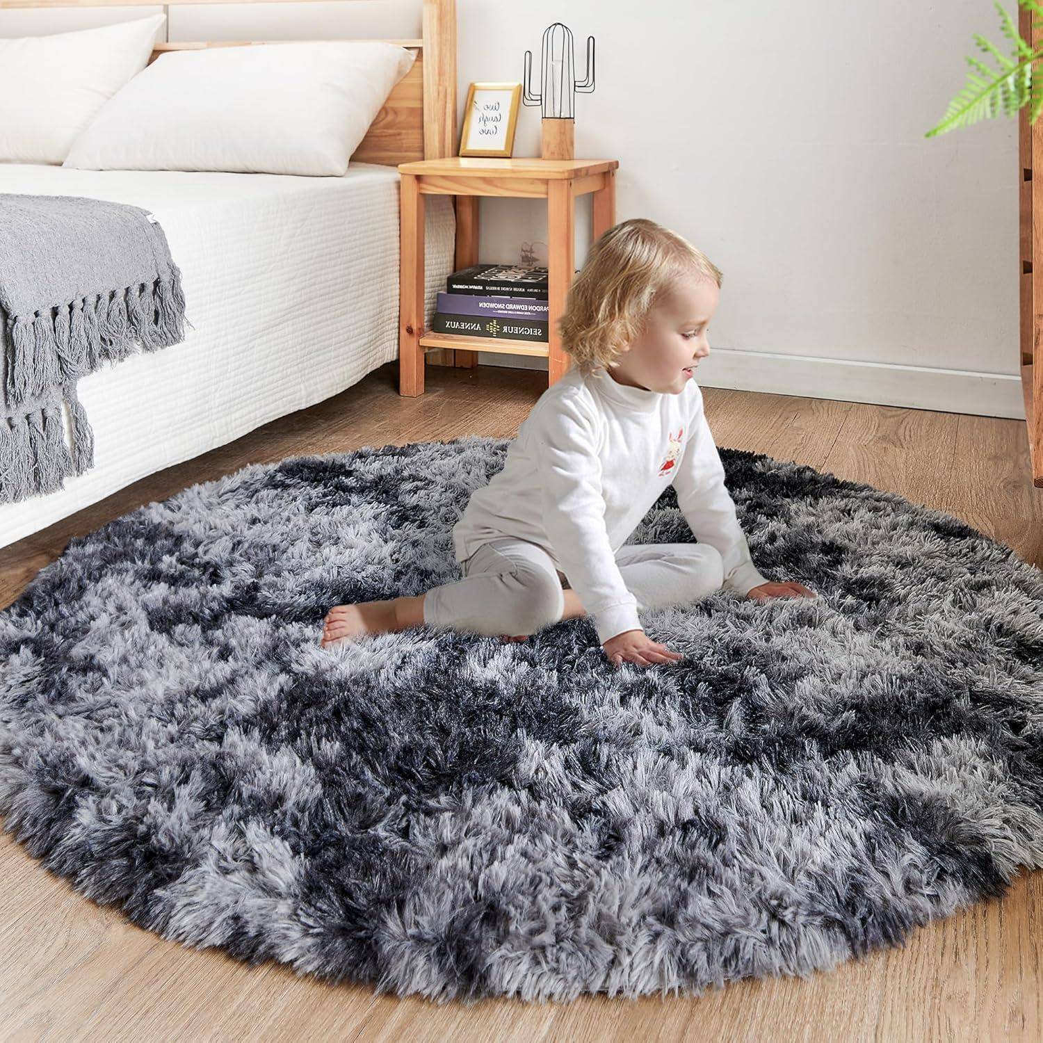 Rundteppich Plüschteppich Kinder Mädchen Dunkelgrau 200 x 200 cm
