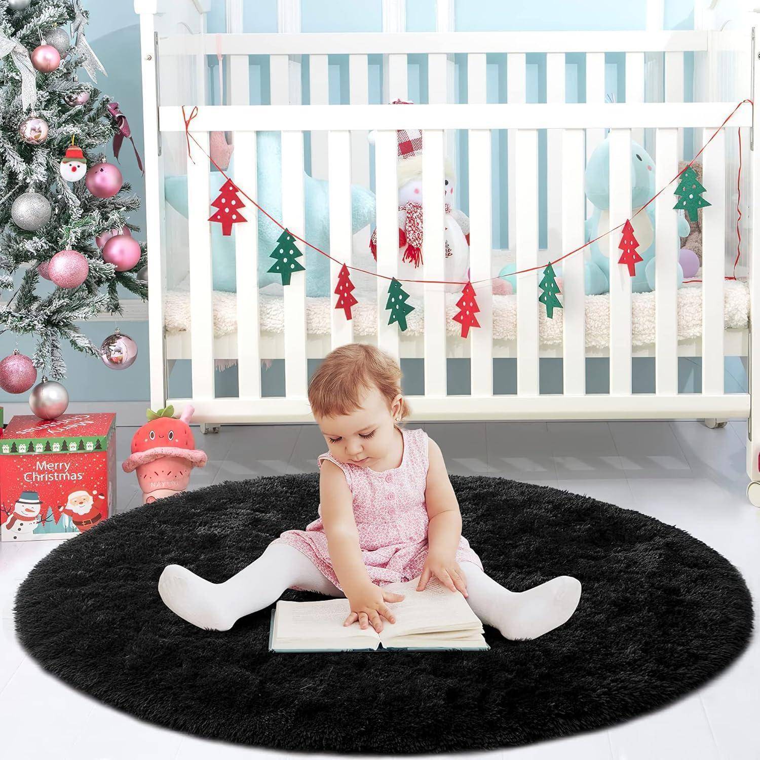 Rundteppich Plüsch Kinderteppich Mädchen Schwarz 200 x 200 cm