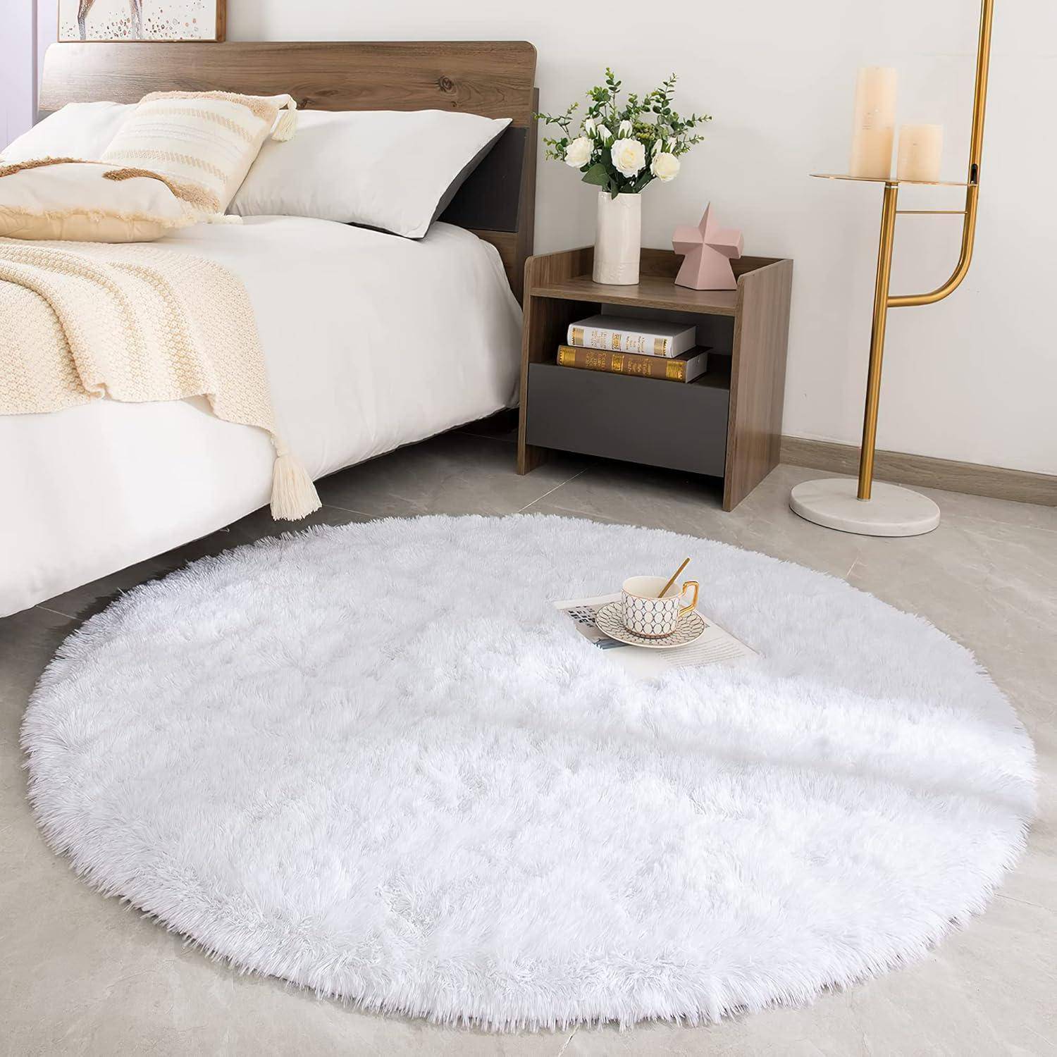 Hochflor Teppich Rund Soft Shaggy Rug Fluffy Kinderteppich(Weiß) 150 x
