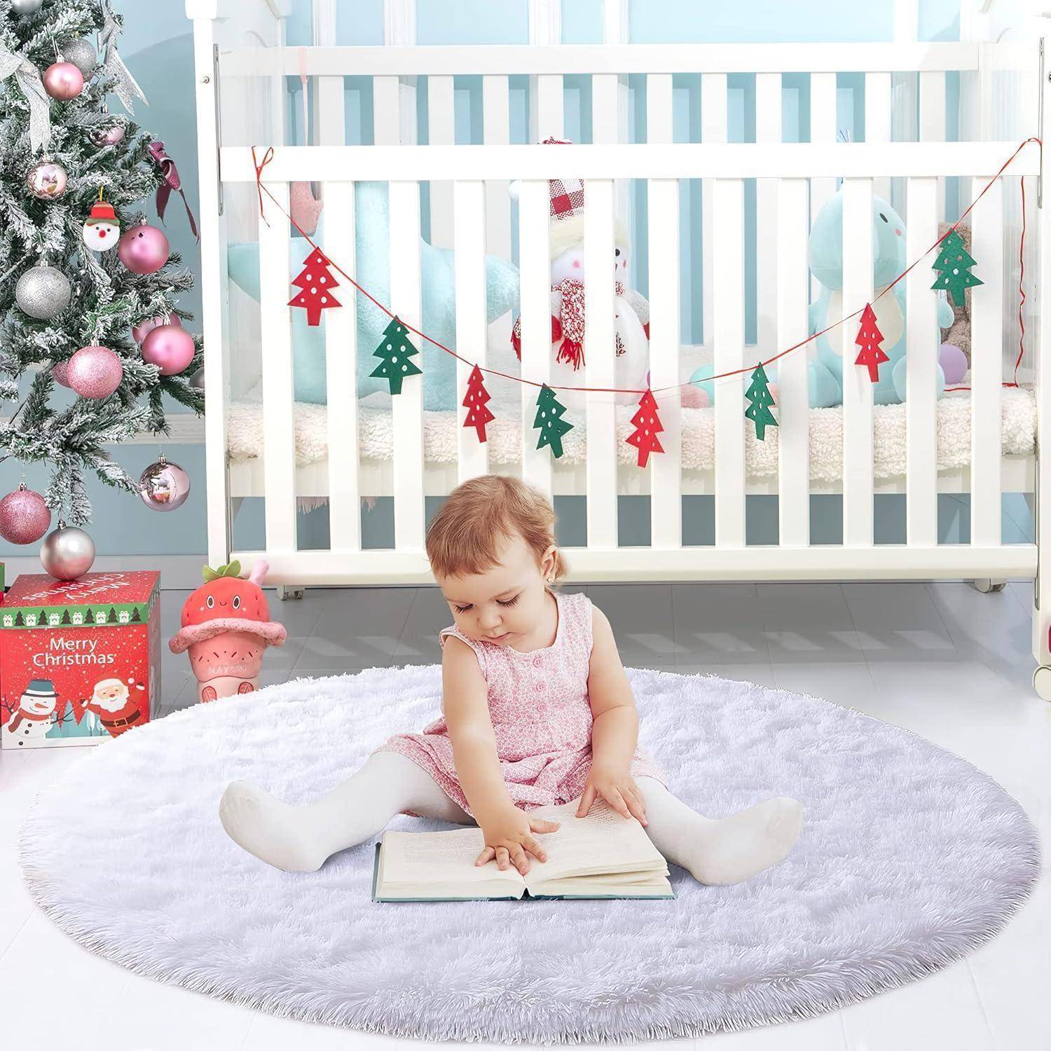 Hochflor Teppich Rund Soft Shaggy Rug Fluffy Kinderteppich(Weiß) 150 x