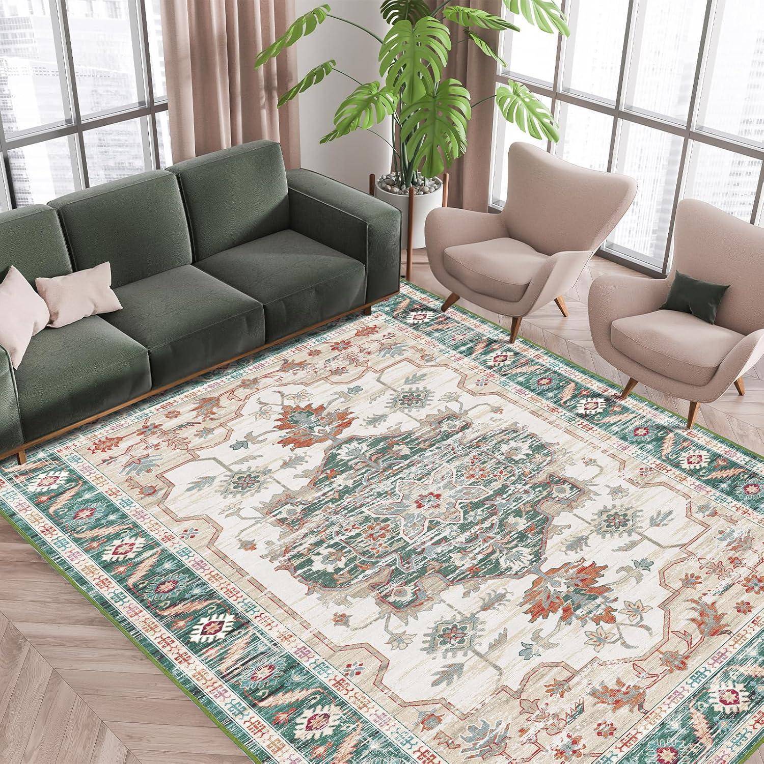 Vintage-Kurzflor Teppich 160x230 cm Grün rutschfest waschbar