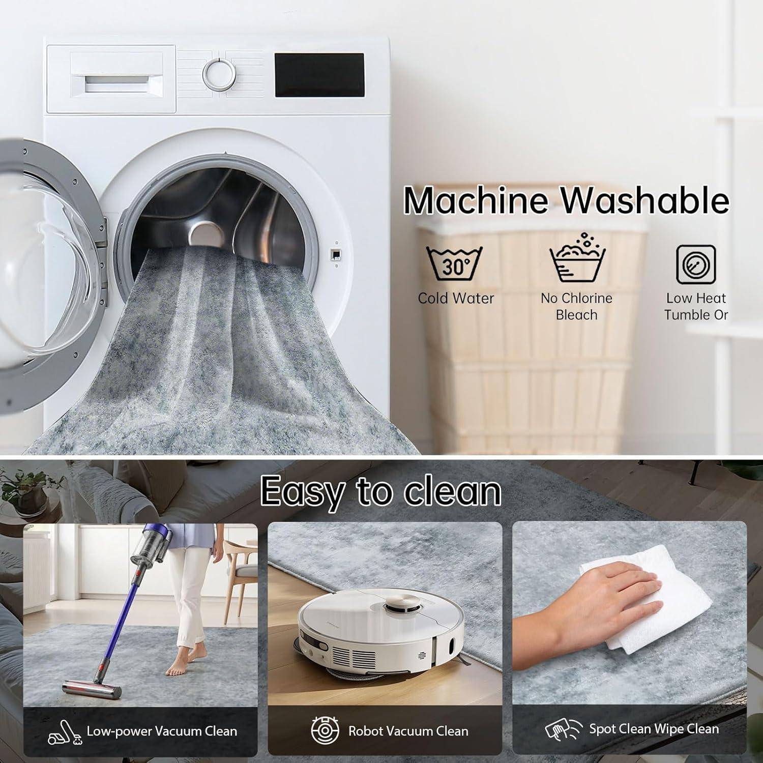 Frontlader-Waschmaschine mit offener Tür und Decke mit der Aufschrift „Maschinenwäsche möglich