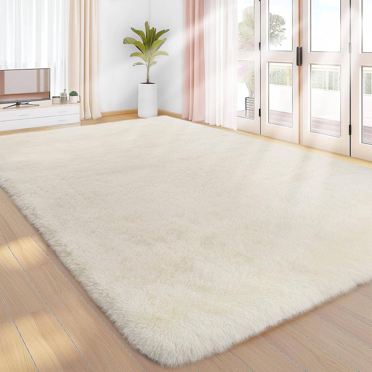 Teppich Hochflor Waschbar AntiRutsch Creme 160 x 230 cm Rechteckig