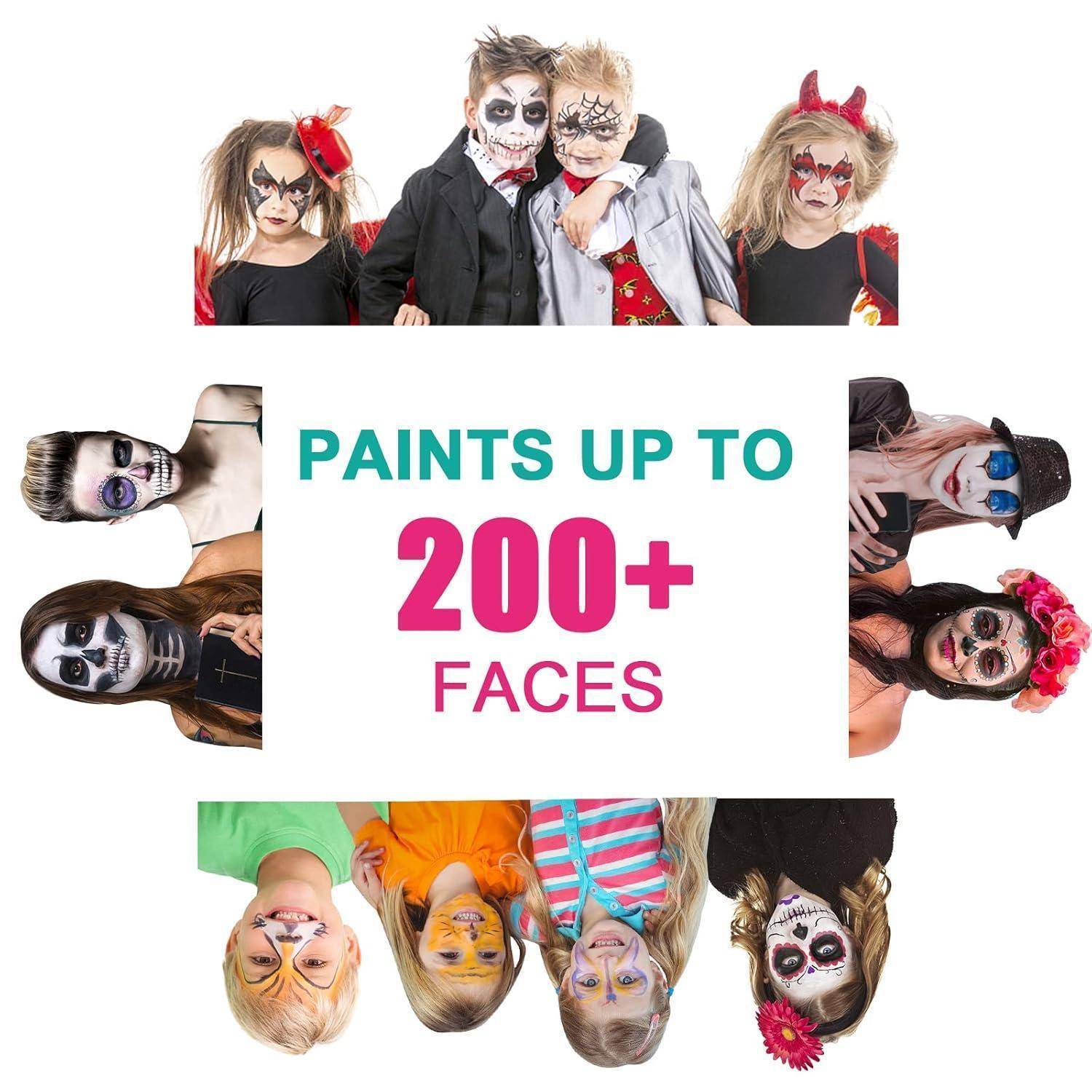Kinder mit Schminkdesigns in verschiedenen Halloween-Motiven umgeben den Text ‚Bemalt bis zu 200+ Gesichter.
