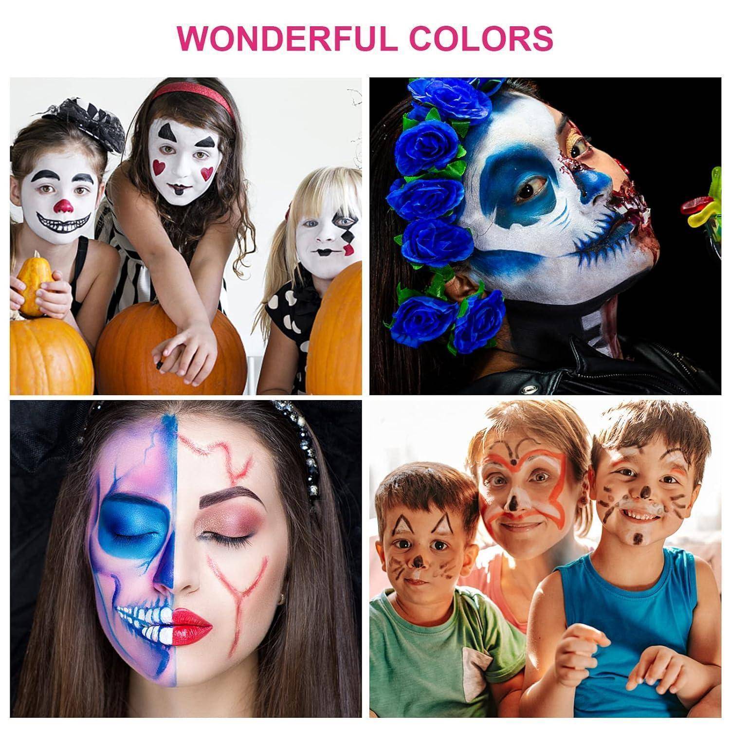 Collage von fünf Personen mit bunter Gesichtsmalerei, die Halloween-Themen und lebendige Designs zeigen. Titel oben liest sich 