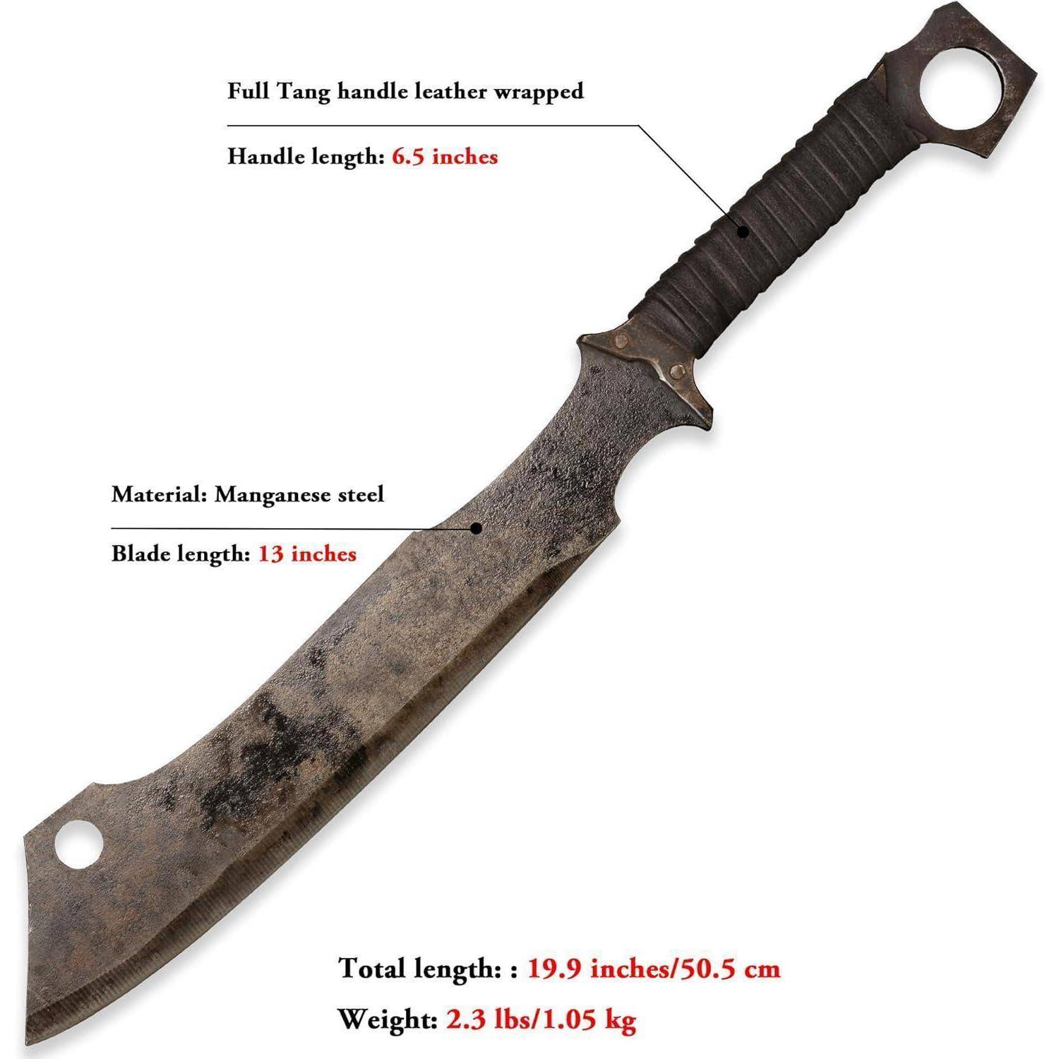 Ein robustes Machete mit voller Tangeinfassung und lederumwickeltem Griff, 6,5 Zoll lang. Die 13 Zoll lange Klinge ist aus Manganstahl gefertigt. Die Gesamtlänge beträgt 19,9 Zoll und das Gewicht 2,3 Pfund.