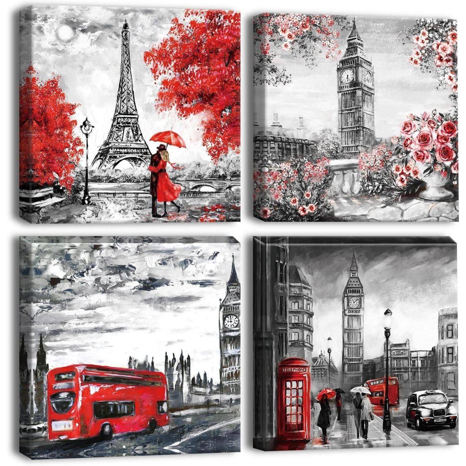 Leinwandbilder 4-teilig mit Paar, Big Ben und Eiffelturm Motiv