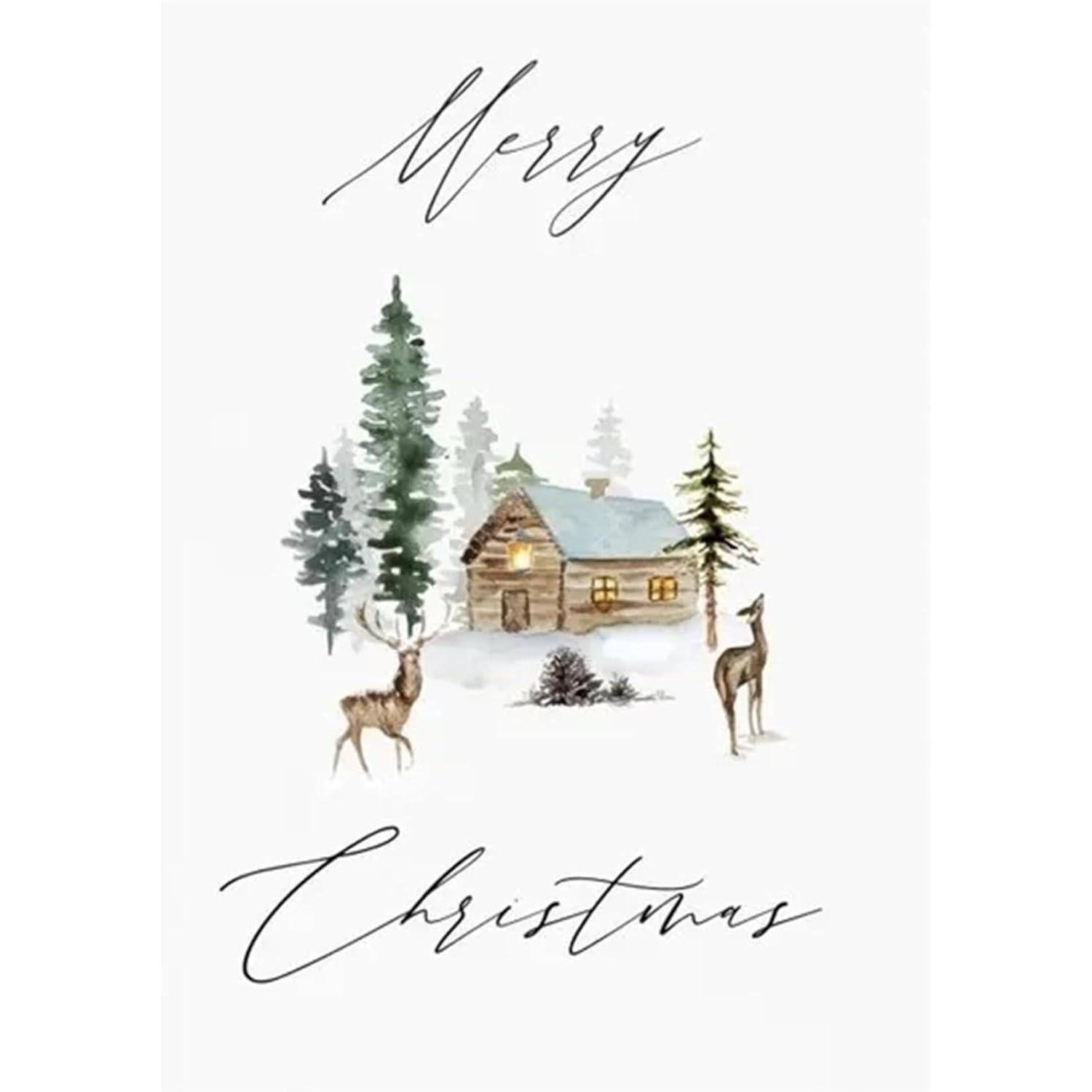 Eine verschneite Szene mit einer Hütte, Nadelbäumen, zwei Hirschen und der Schreibschrift 'Fröhliche Weihnachten'.