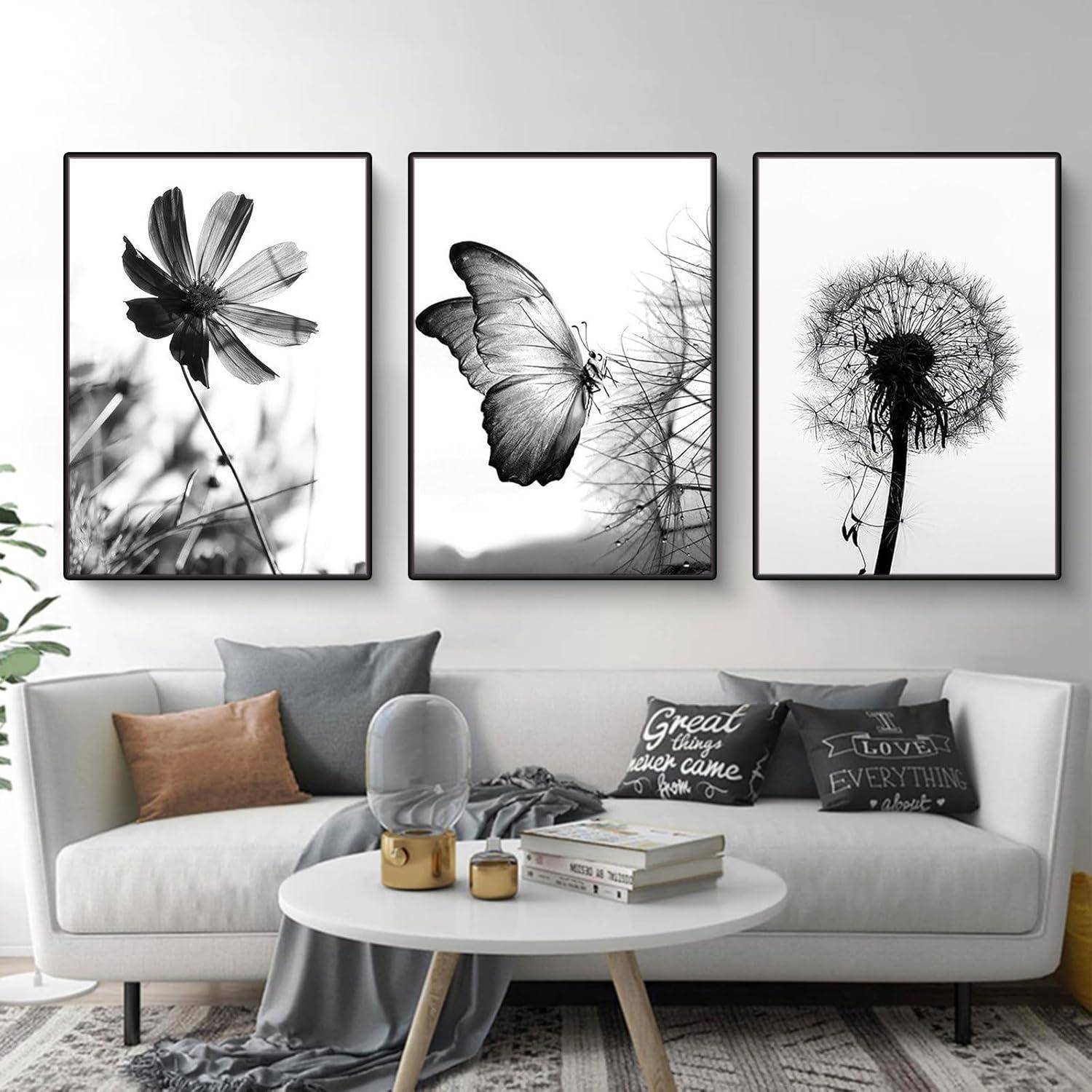 Poster 3er Schwarzweiß Schmetterling Löwenzahn Wohnzimmer G 30x40cm
