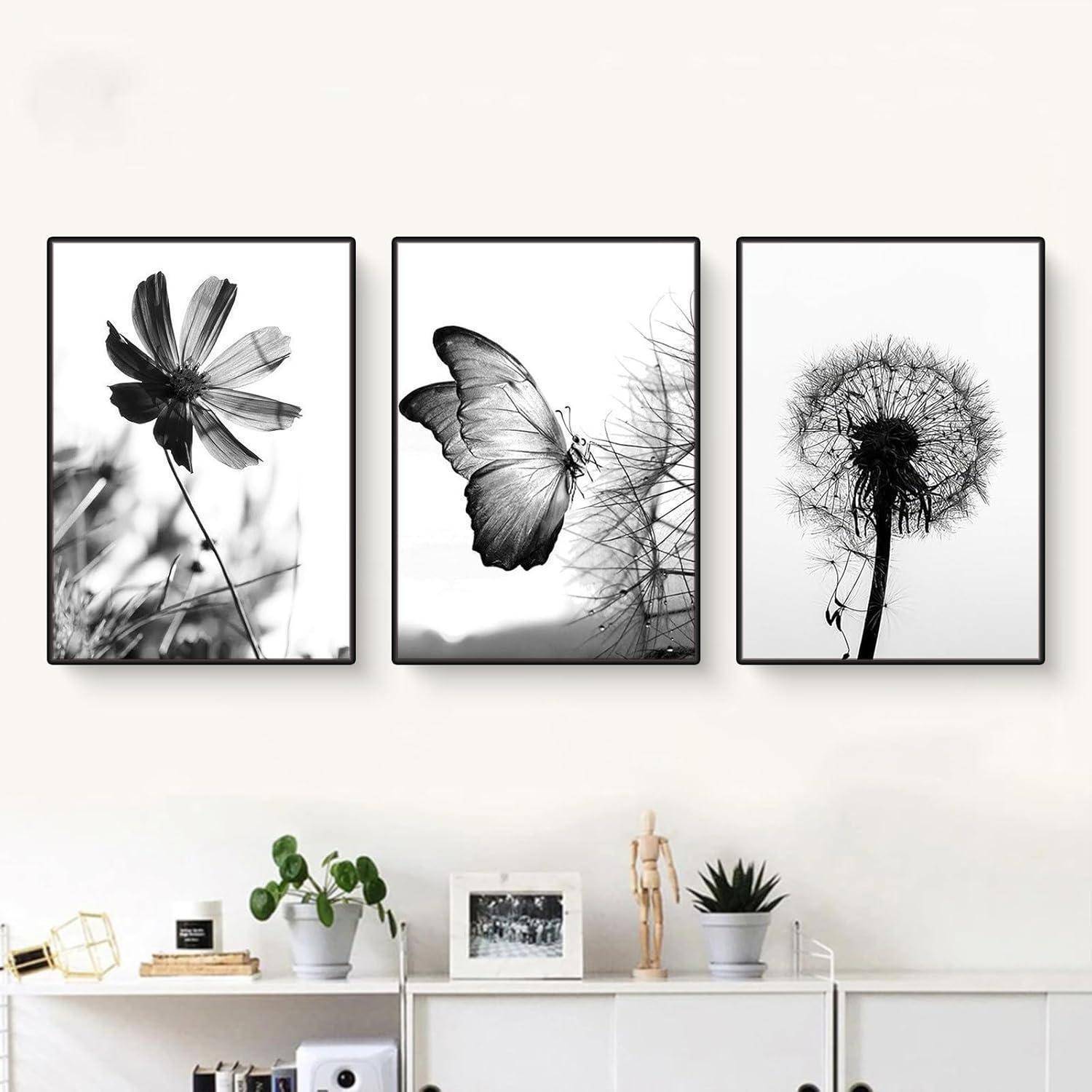 Poster 3er Schwarzweiß Schmetterling Löwenzahn Wohnzimmer G 30x40cm