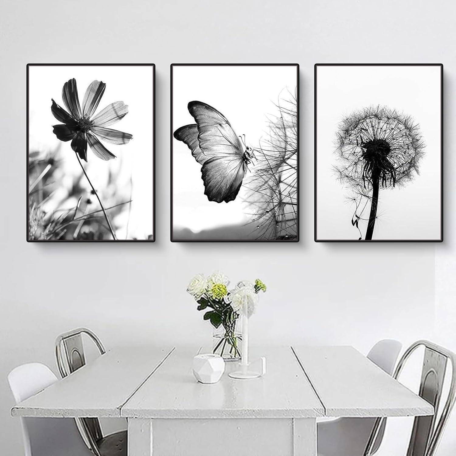 Poster 3er Schwarzweiß Schmetterling Löwenzahn Wohnzimmer G 30x40cm