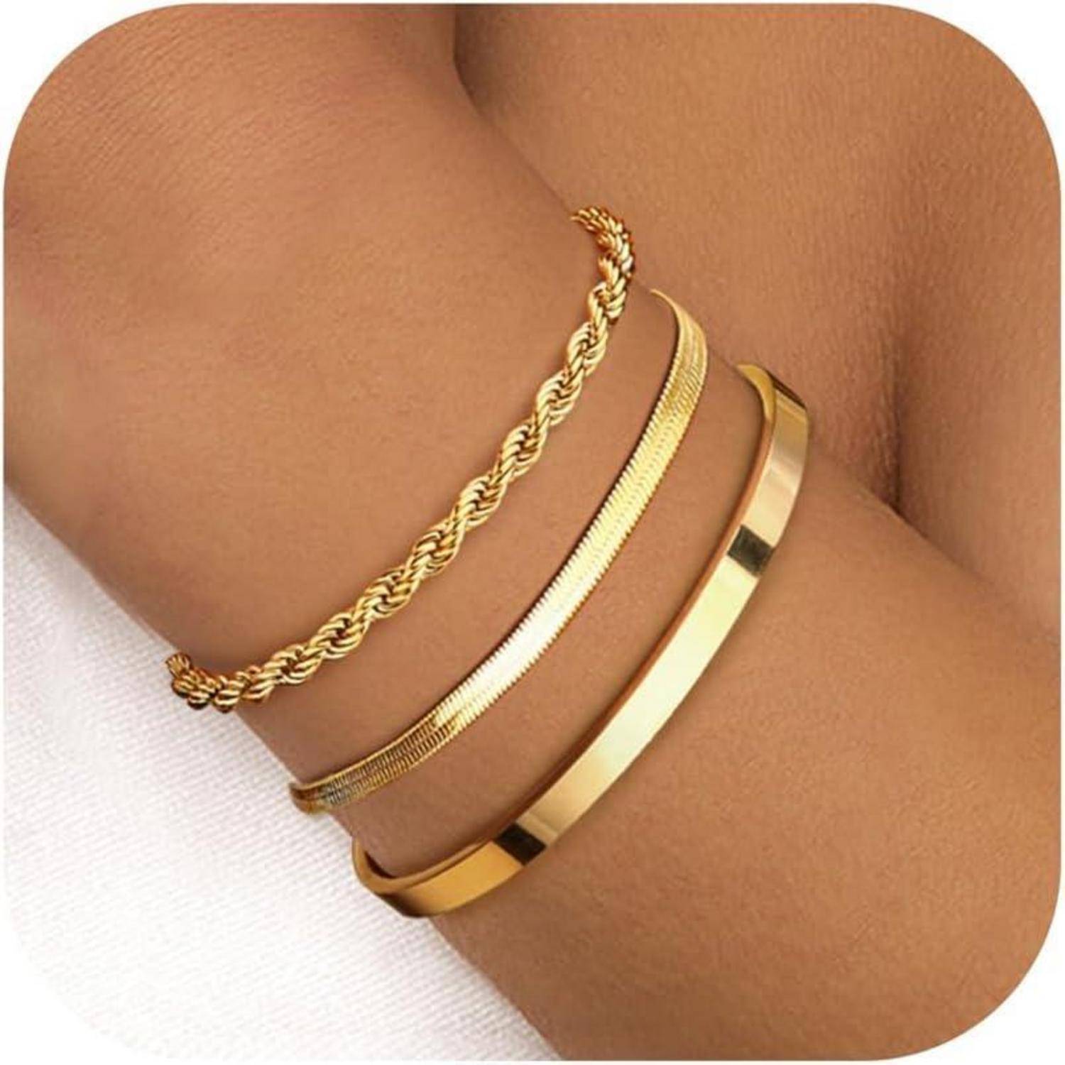 Damen Armband Set Gold 14 Karat Vergoldet Edelstahl Perlen Ketten