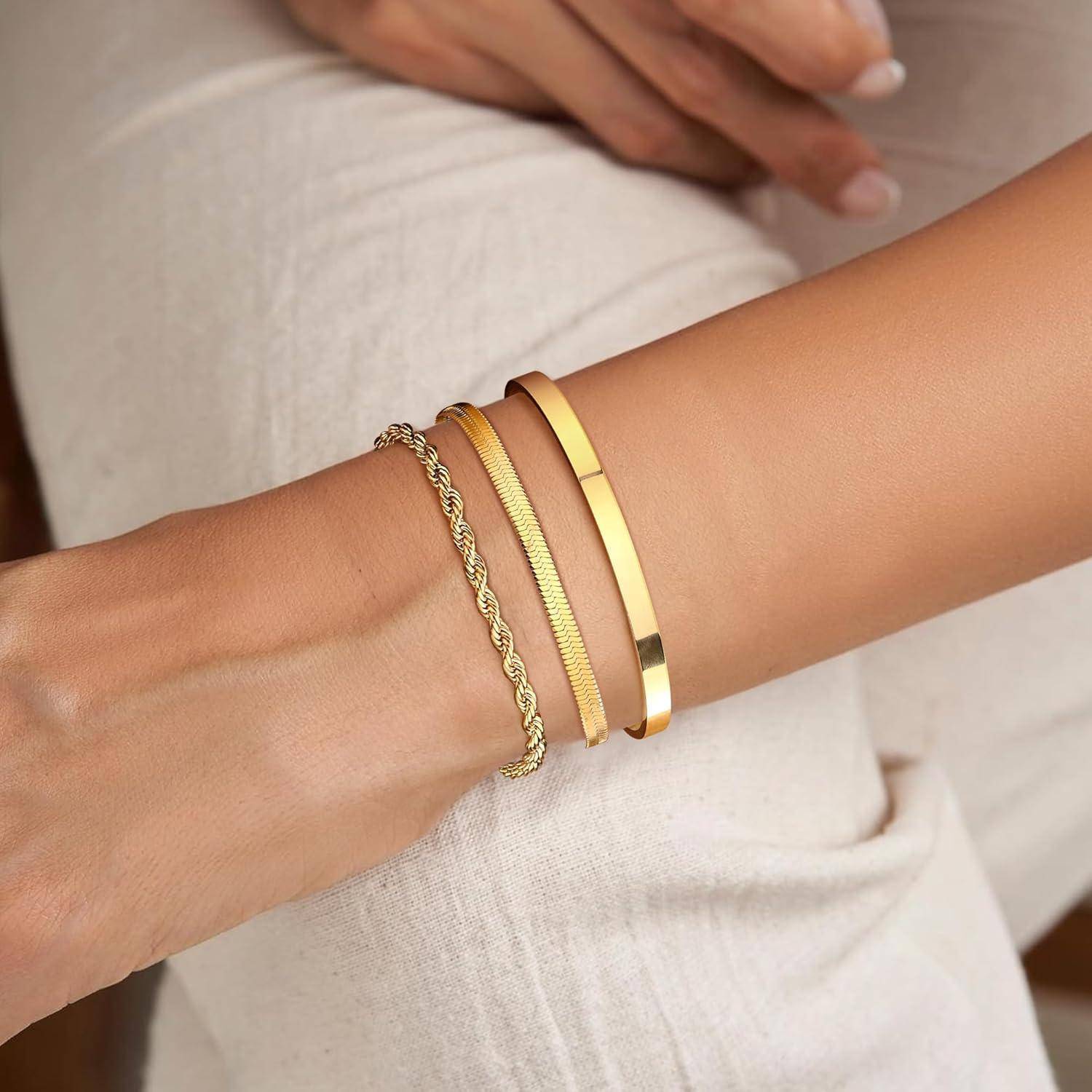 Damen Armband Set Gold 14 Karat Vergoldet Edelstahl Perlen Ketten