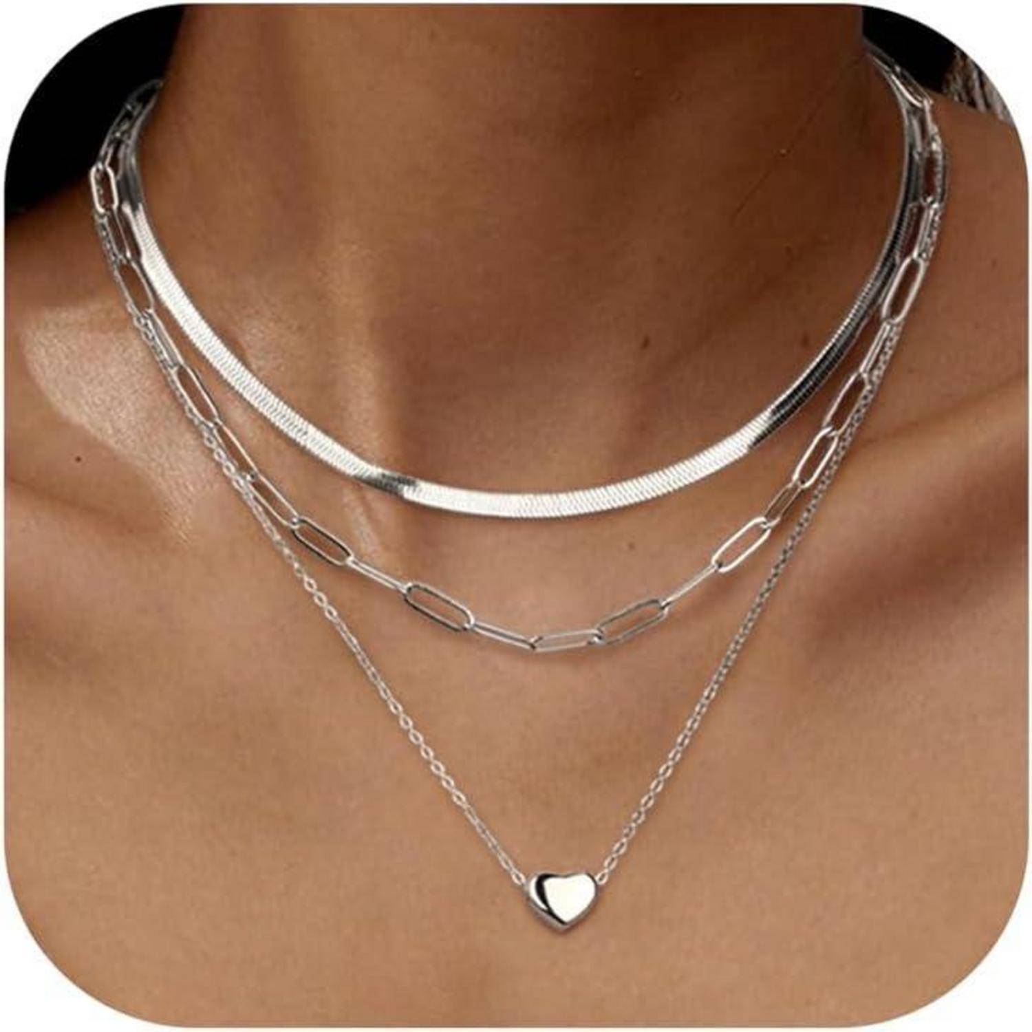 Stapelbare Damen Halsketten Set Edelstahl Gold Silber Herzanhänger