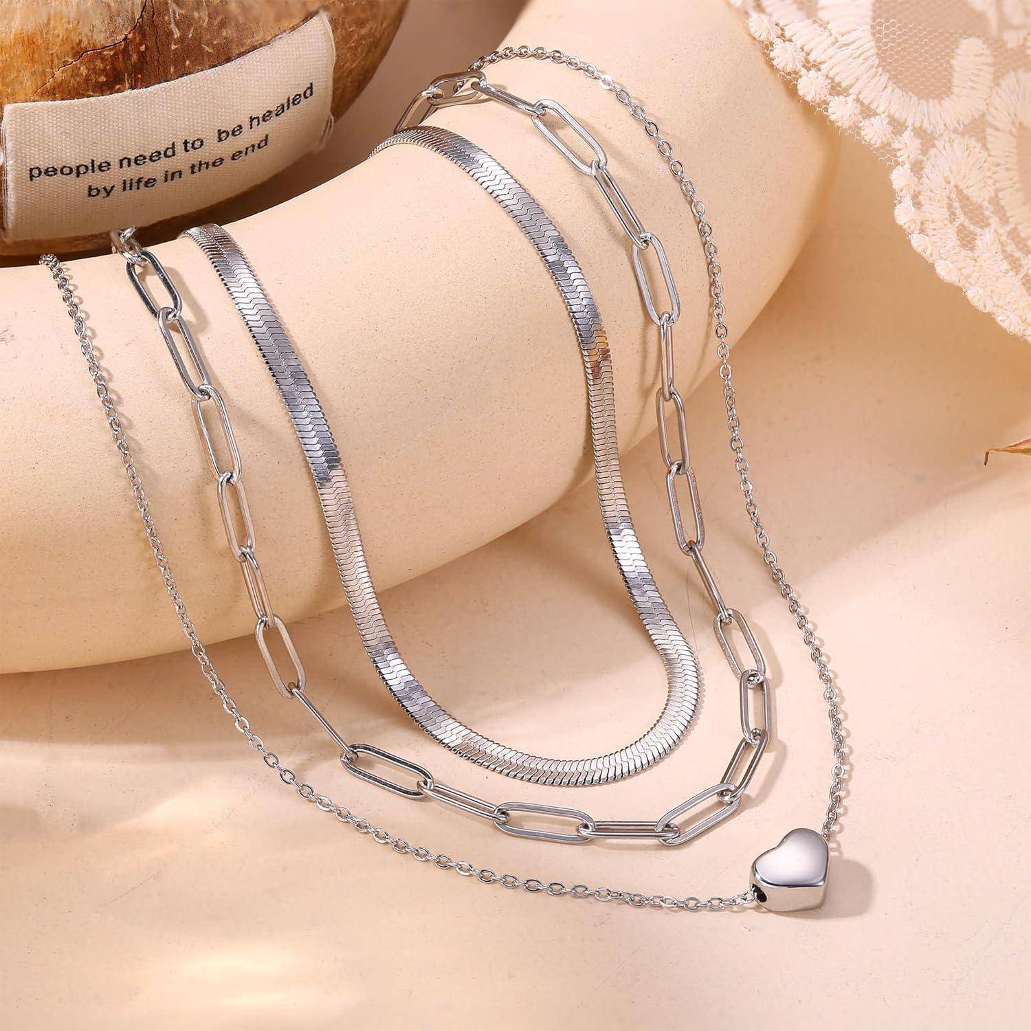 Stapelbare Damen Halsketten Set Edelstahl Gold Silber Herzanhänger