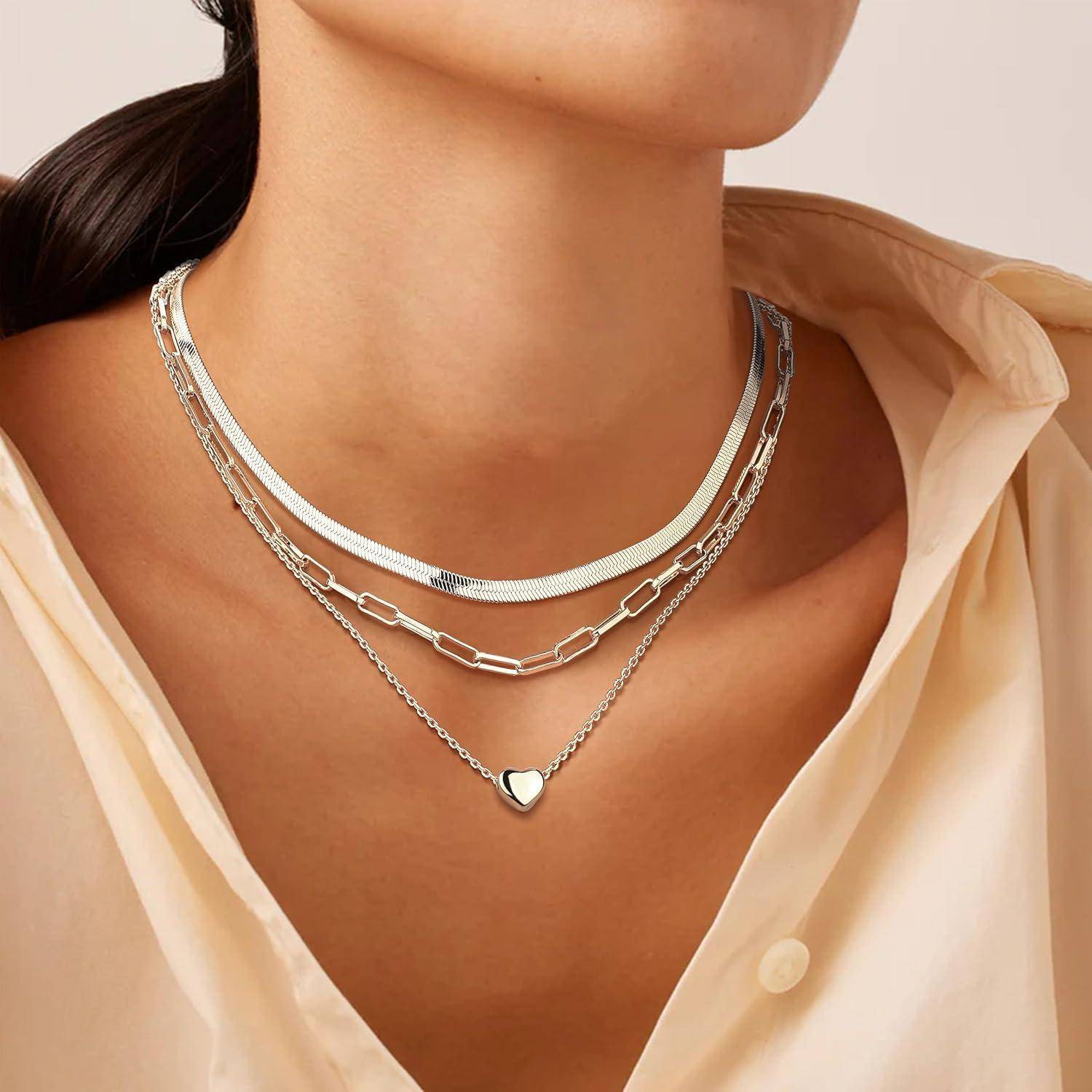 Stapelbare Damen Halsketten Set Edelstahl Gold Silber Herzanhänger