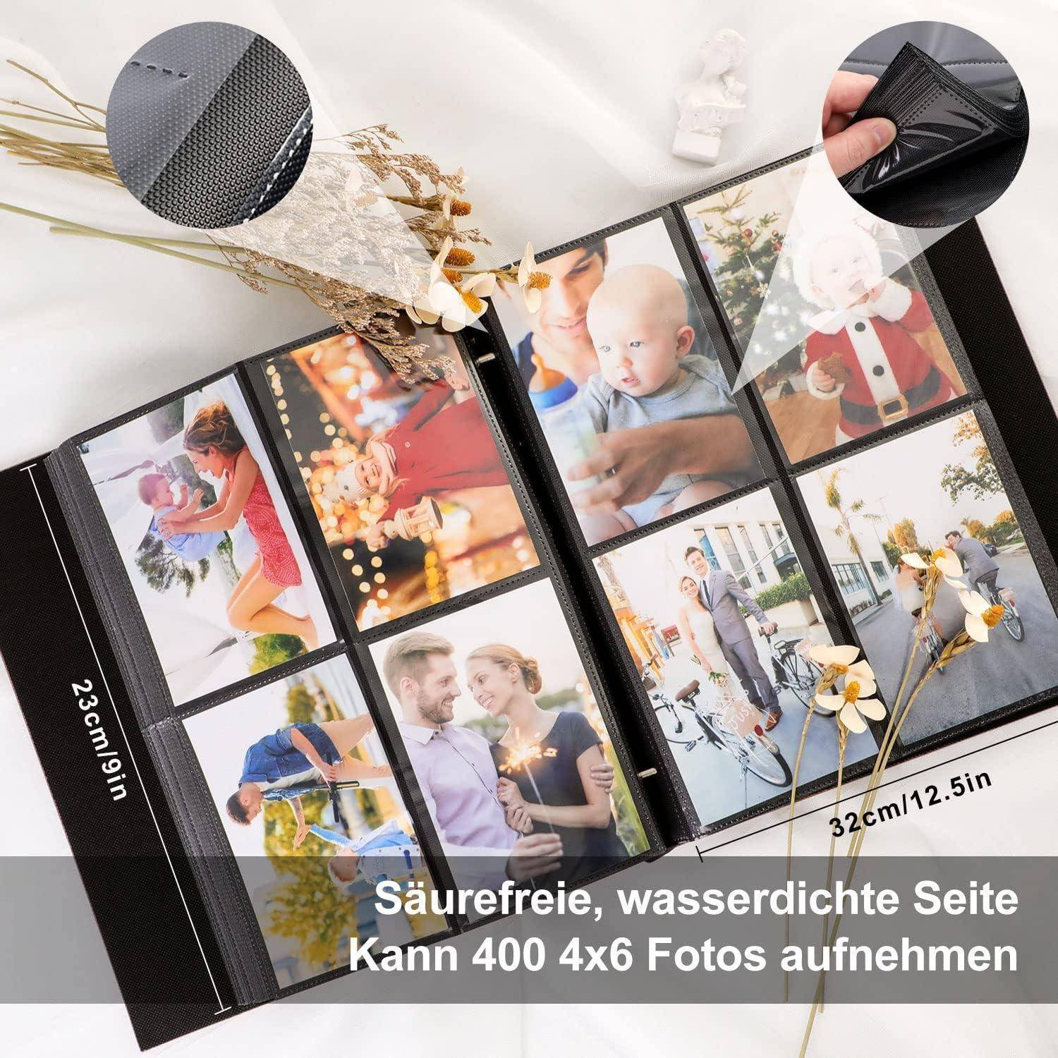 Ein offenes Fotoalbum, das verschiedene Familienmomente zeigt, einschließlich eines Babys und eines Paares. Text auf Deutsch erwähnt die Größe und Kapazität des Albums.