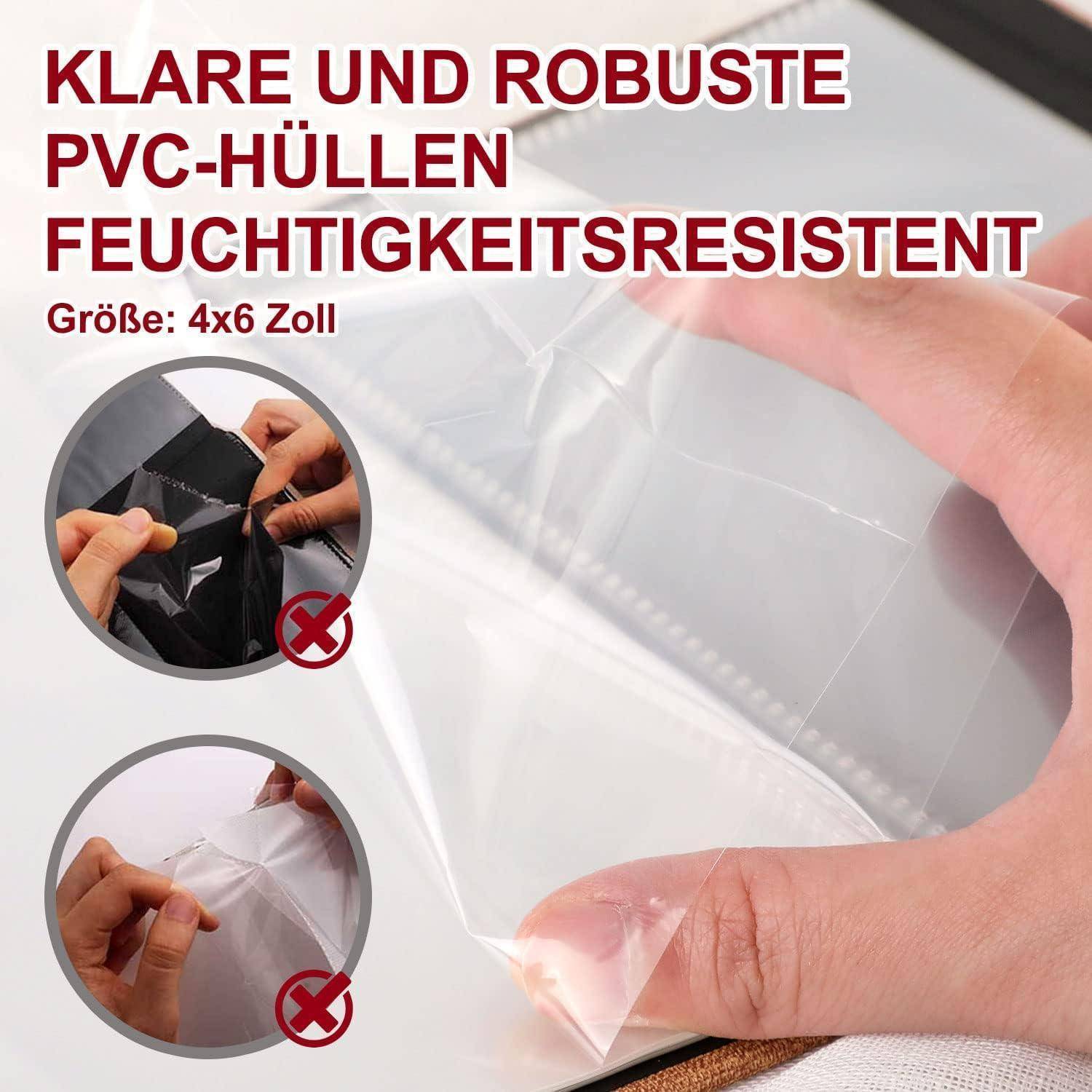 Hände, die eine klare, robuste, feuchtigkeitsbeständige PVC-Hülle für 4x6-Zoll-Artikel demonstrieren, wobei Flexibilität und Schutzfunktionen sichtbar sind.