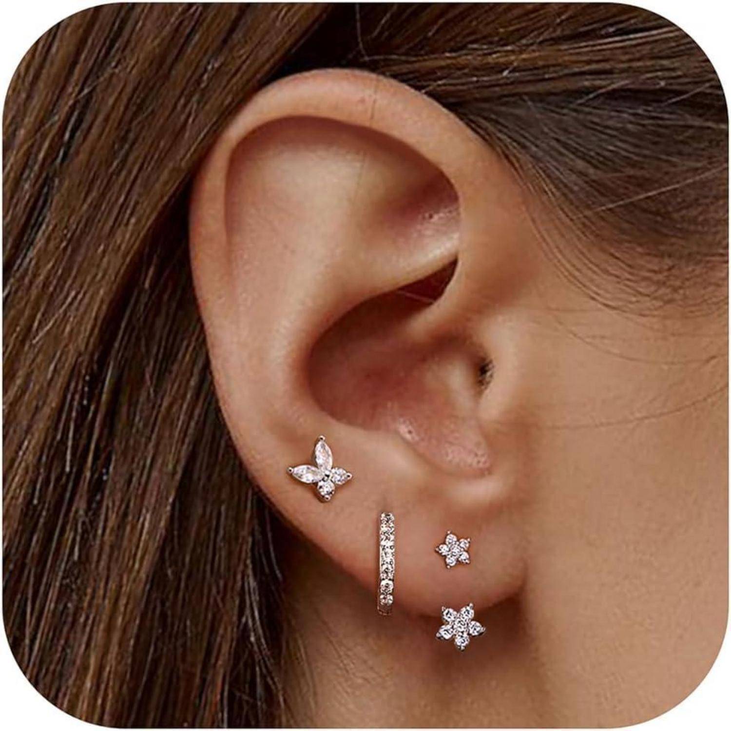 Ohrringe Set Silber 925 Ohrstecker Creolen Zirkonia Piercings 3 Paar