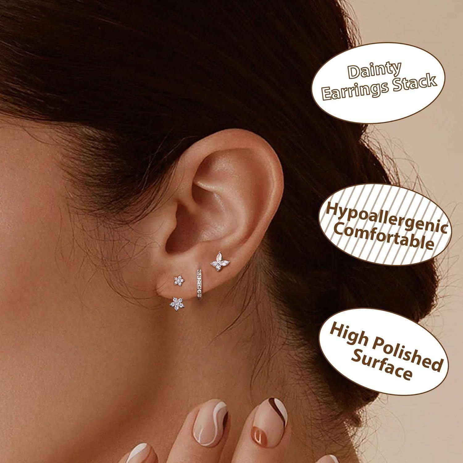 Ohrringe Set Silber 925 Ohrstecker Creolen Zirkonia Piercings 3 Paar