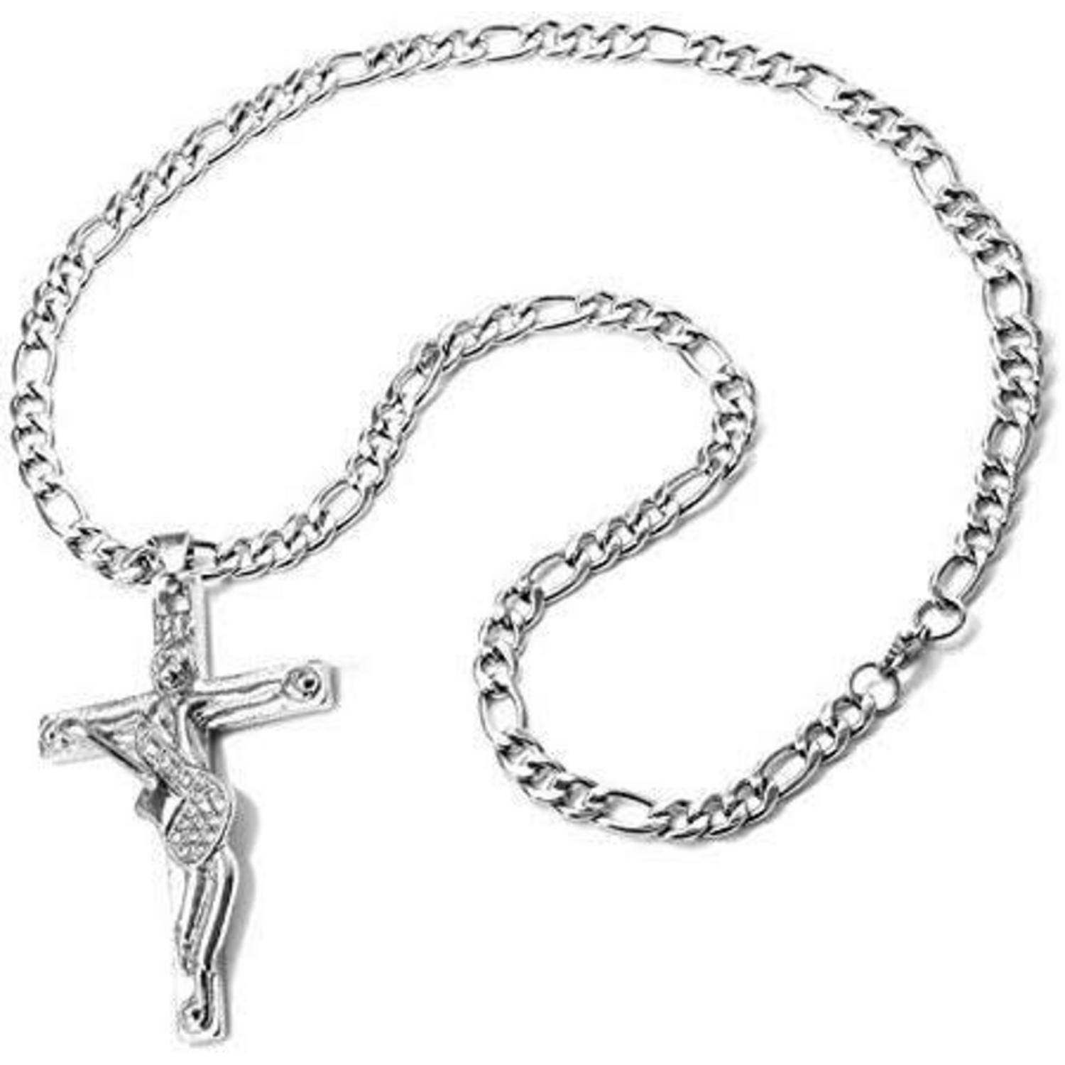 Eine Silberkreuz-Halskette mit einer Kette und einem Anhänger, der eine Figur am Kreuz zeigt.