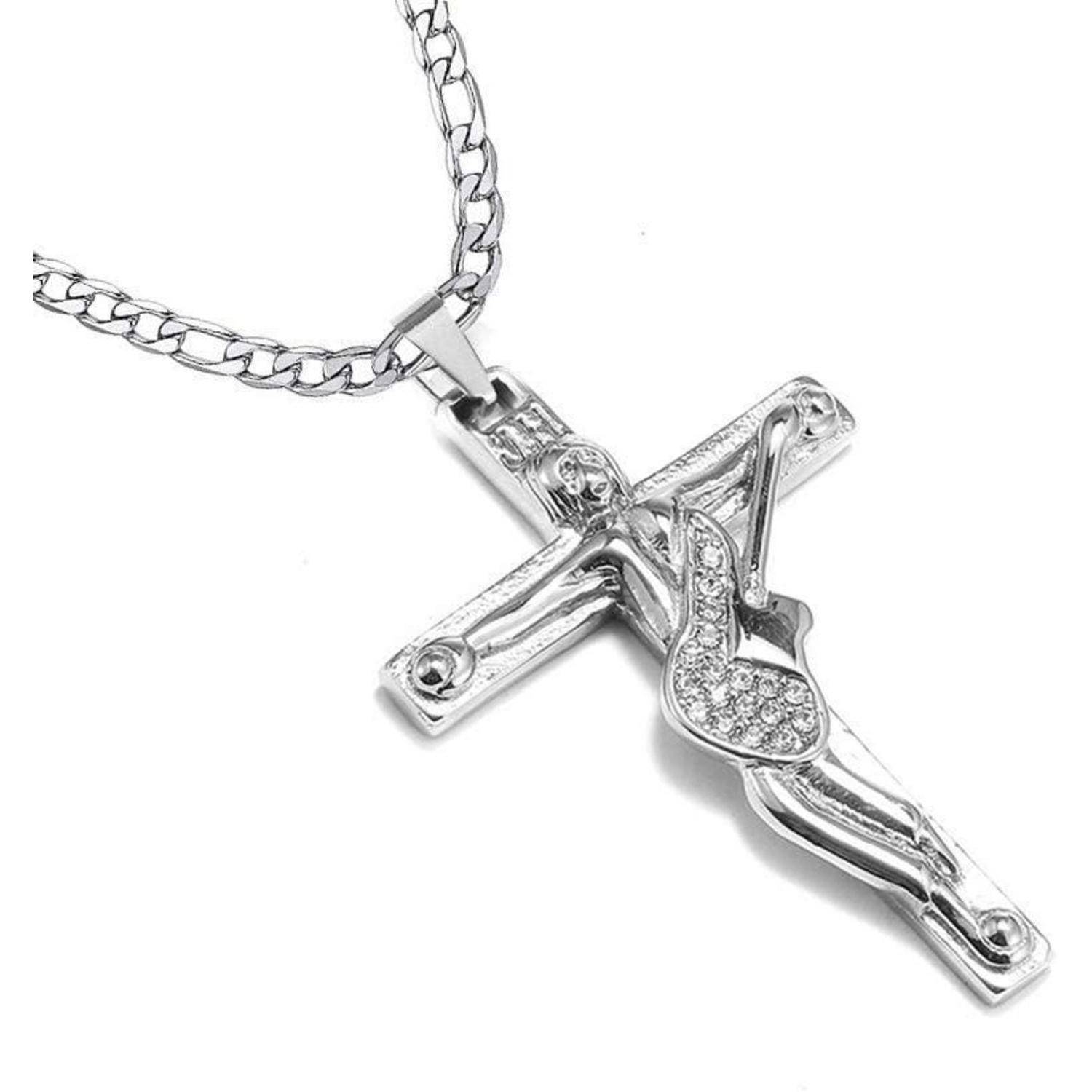Ein silberner Kruzifix-Anhänger mit einer Jesusdarstellung, an einer Kette befestigt, mit elegantem Design und kleinen Steinen besetzt.