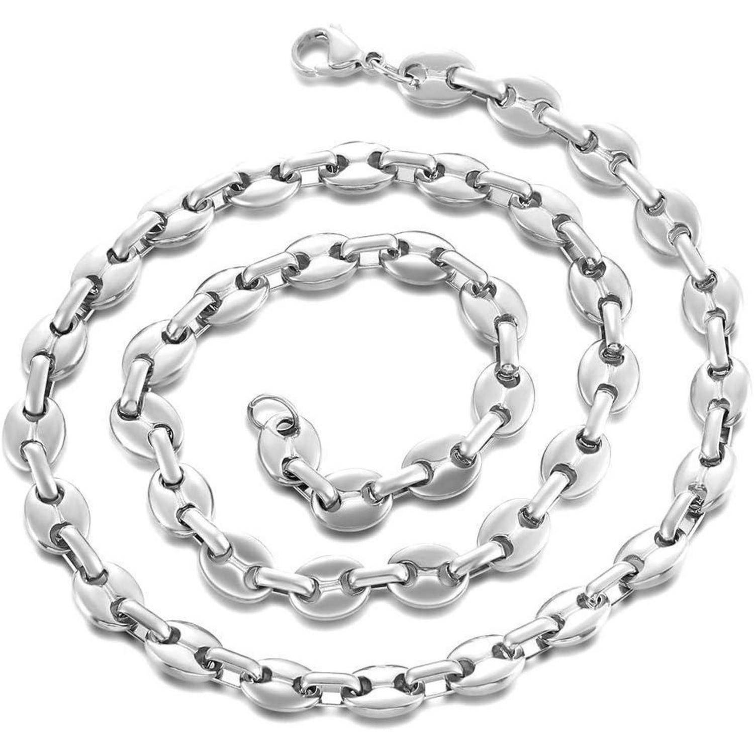 Eine silberne Halskette mit runden, ineinandergreifenden Gliedern, die in einer Spiralform angeordnet sind und ihr Design und ihren Verschluss präsentieren.