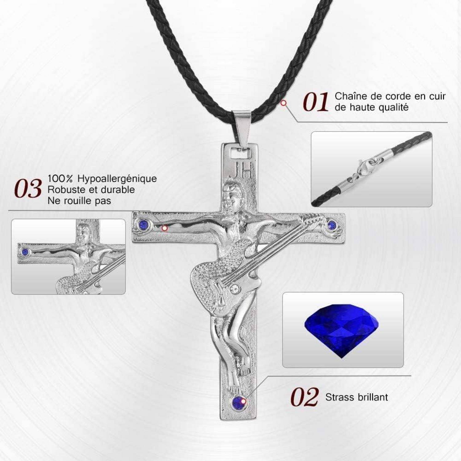 Silberner Gitarren-Kreuz-Anhänger mit blauen Strass-Steinen, gekennzeichnet mit '01 Hochwertiges Lederband', '02 Glitzernde Strasssteine', '03 100% Hypoallergen Robust und langlebig Rostet nicht'.