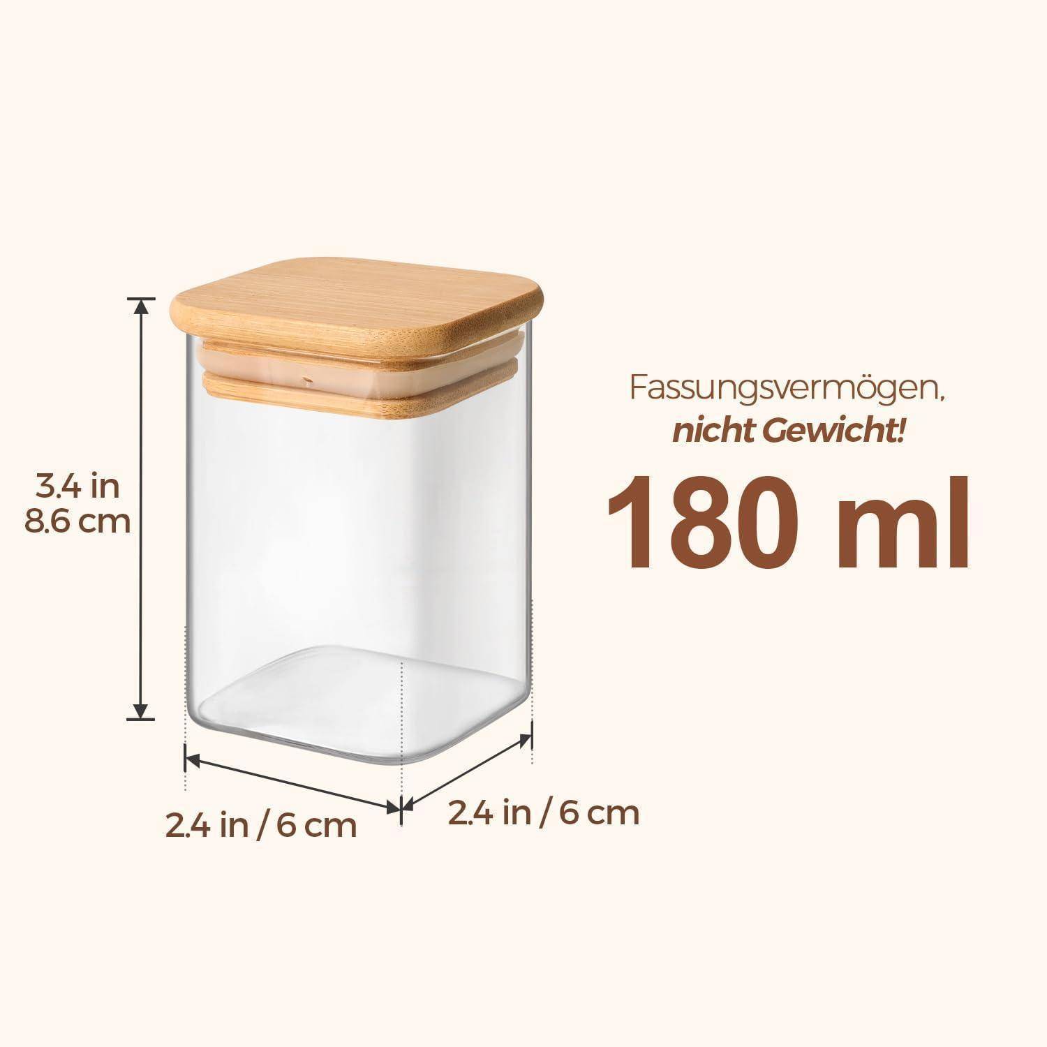 16er Pack Gewürzdosen Glas Bambusdeckel 170 ml – Eckig Gewürzbehälter