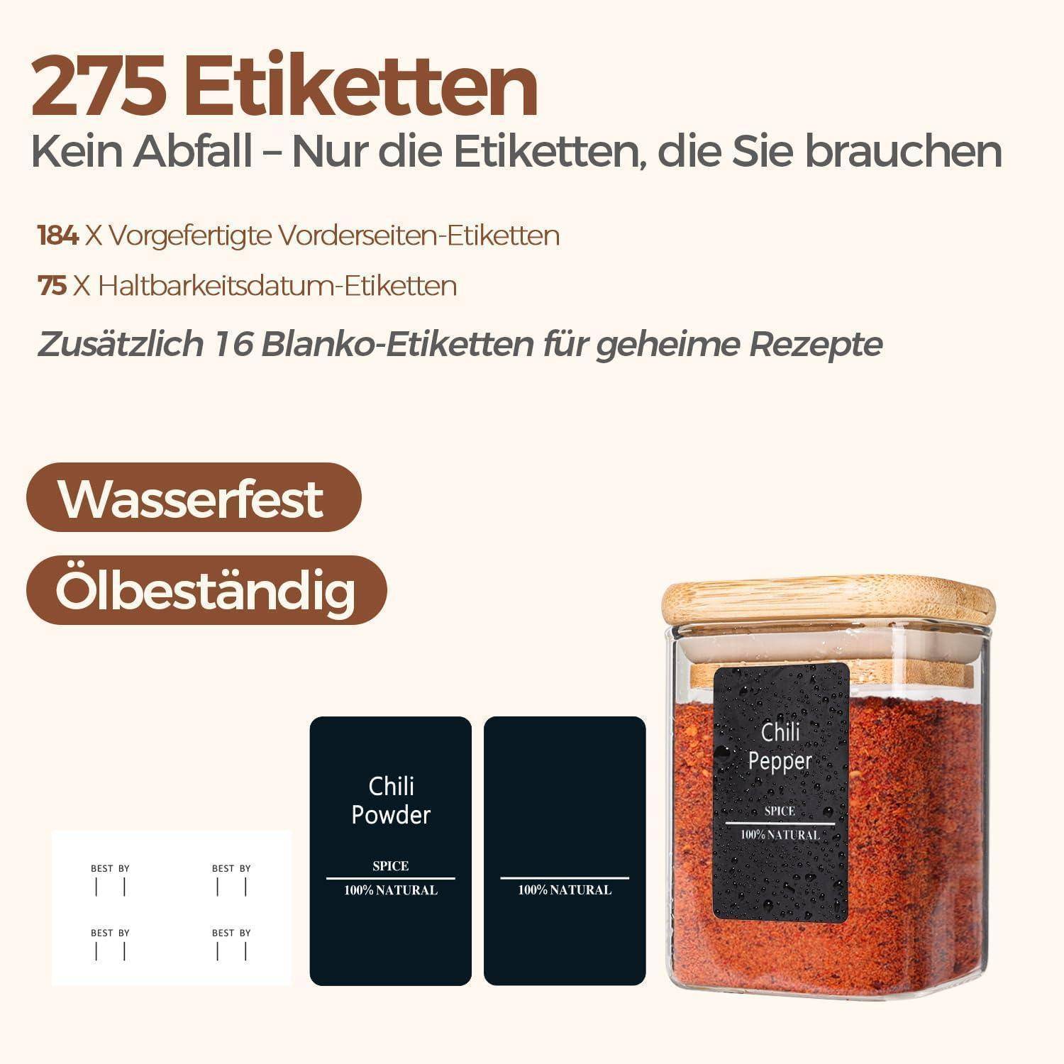 16er Pack Gewürzdosen Glas Bambusdeckel 170 ml – Eckig Gewürzbehälter