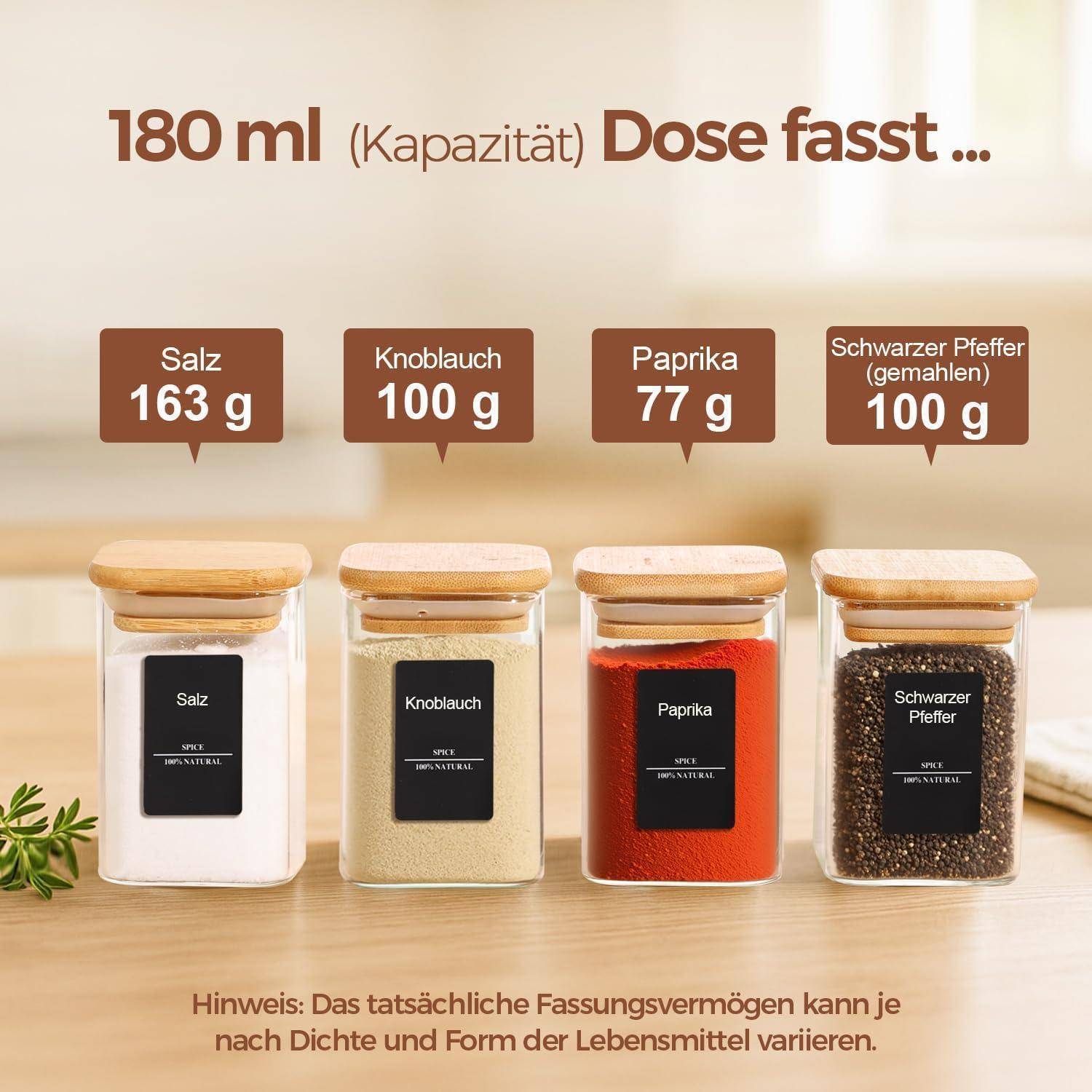 16er Pack Gewürzdosen Glas Bambusdeckel 170 ml – Eckig Gewürzbehälter