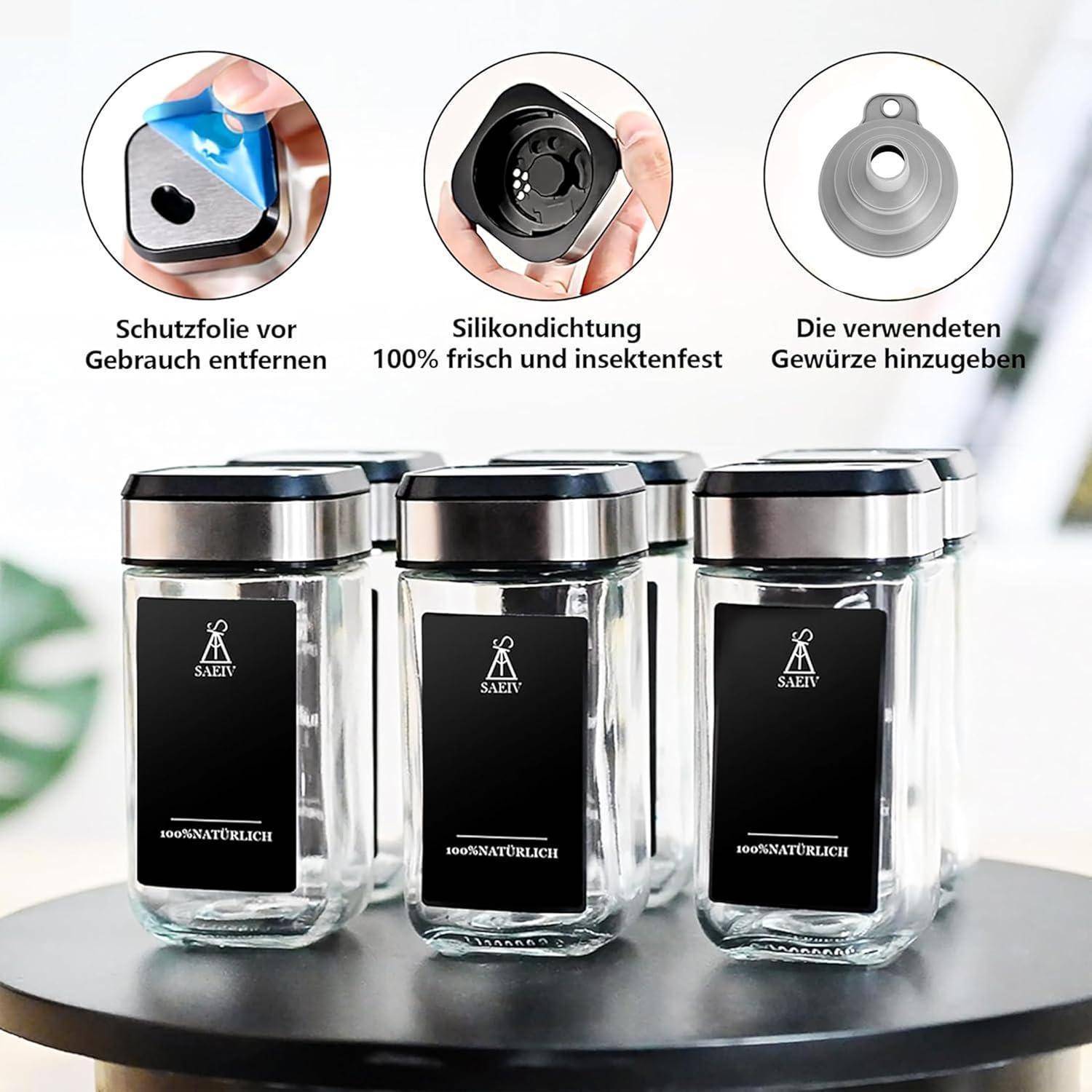 Gewürzstreuer Set Schwarzgoldener Deckel 12x120ml Gewürzetiketten