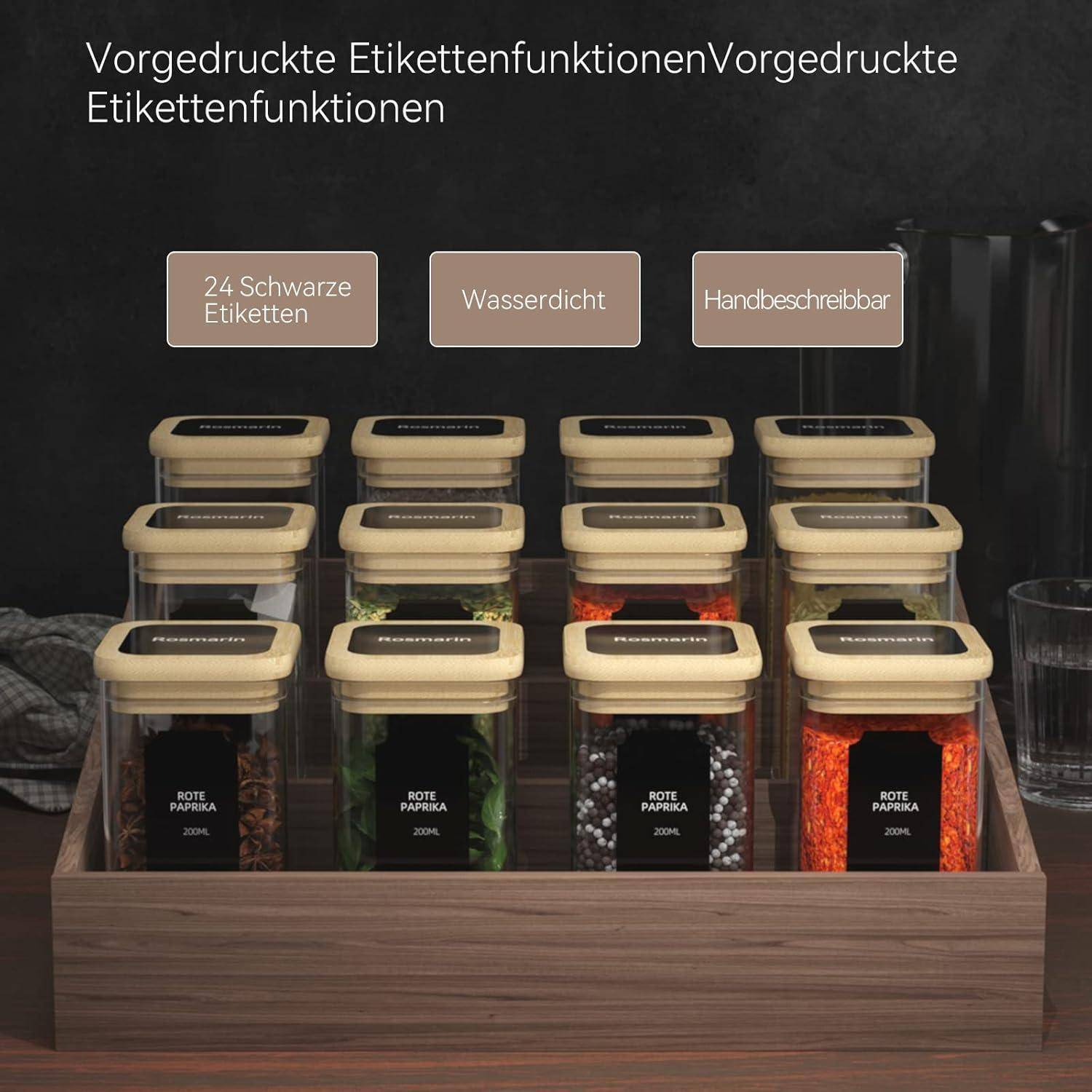 Gewürzgläser Set 12 x 200ml Eckig Glasbehälter Bambusdeckelluftdicht