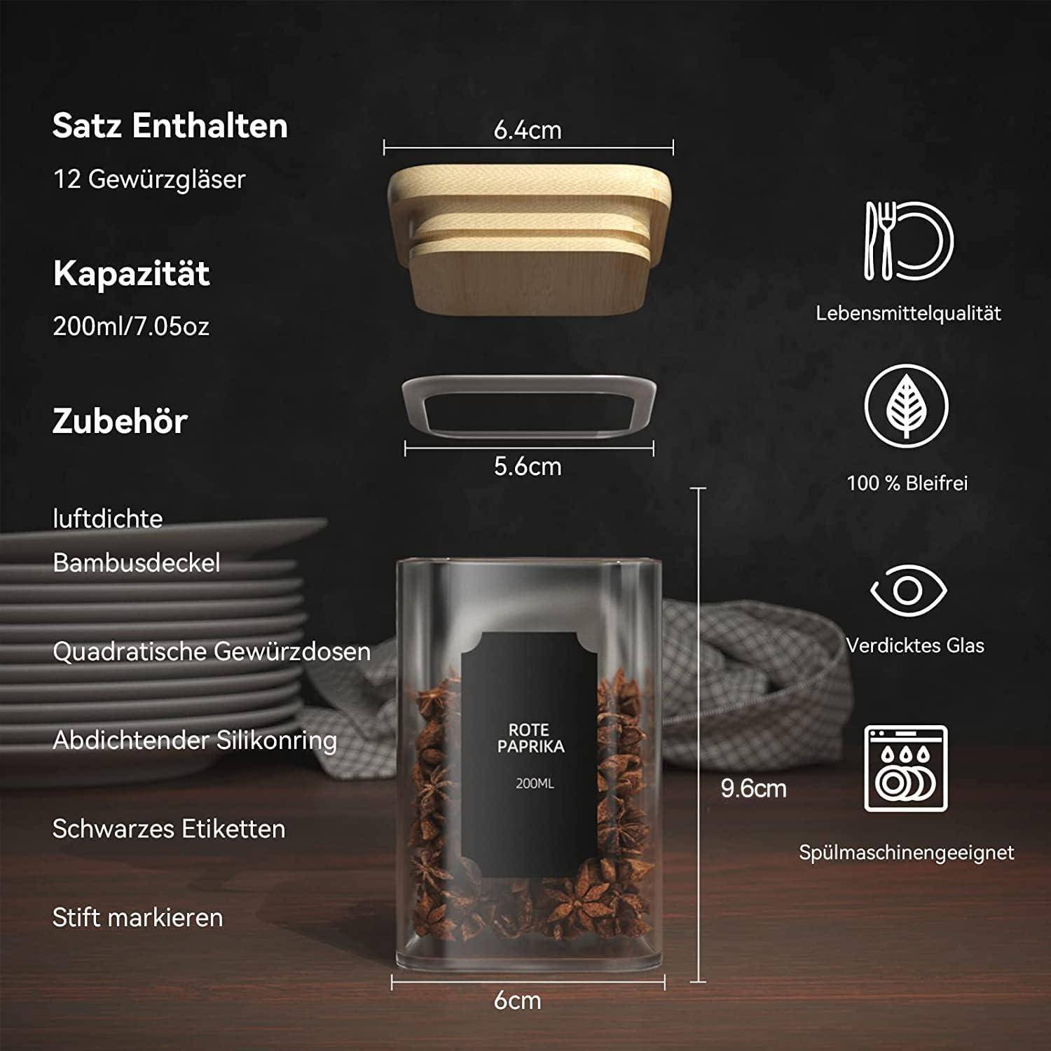 Gewürzgläser Set 12 x 200ml Eckig Glasbehälter Bambusdeckelluftdicht