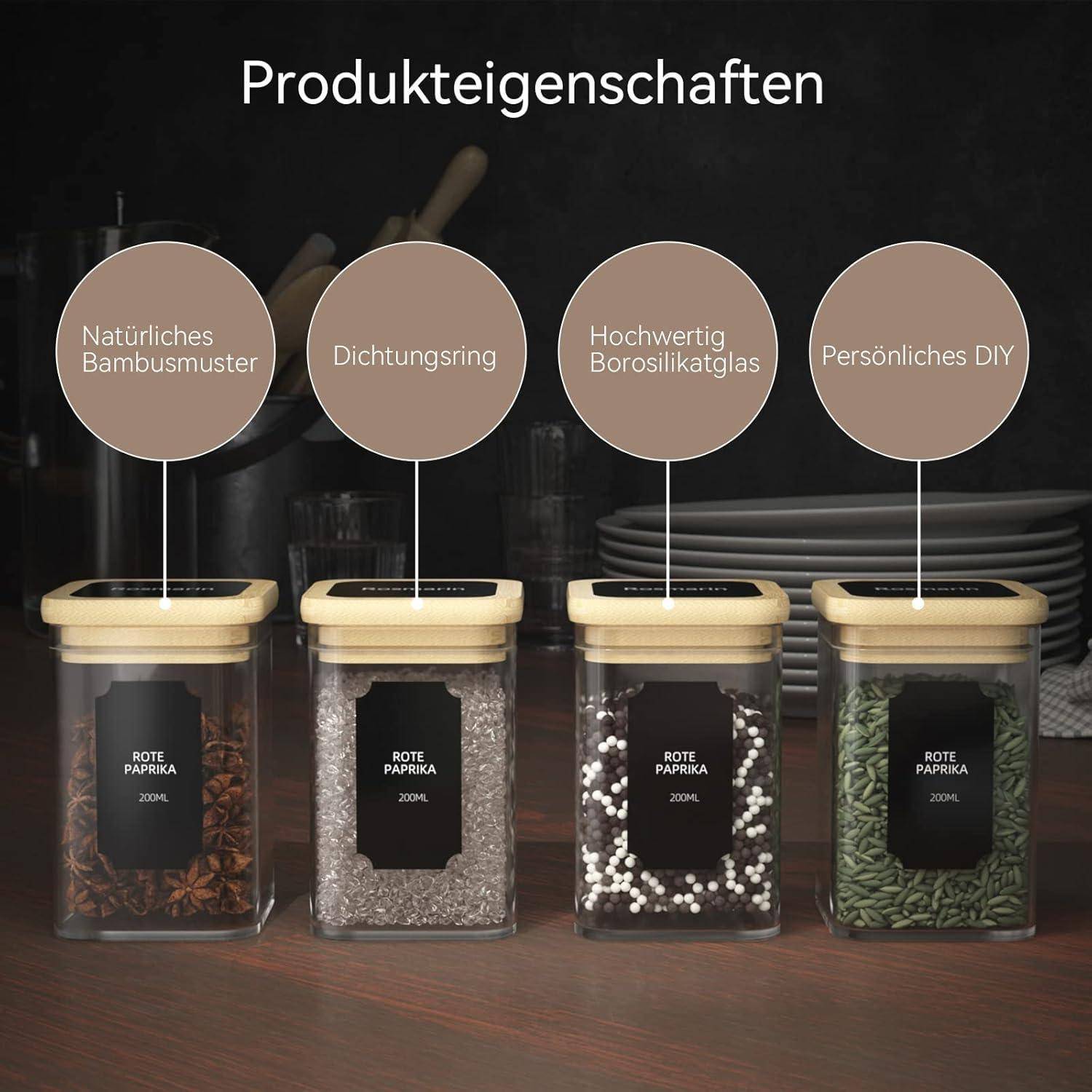 Gewürzgläser Set 12 x 200ml Eckig Glasbehälter Bambusdeckelluftdicht