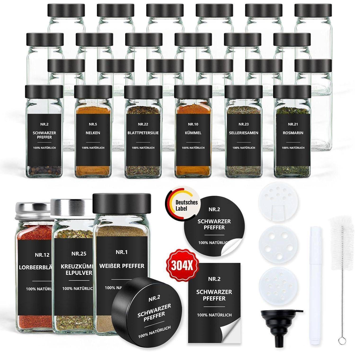 Gewürzgläser Eckig Etiketten Set 24er Schwarz 120ml - Aufbewahrung