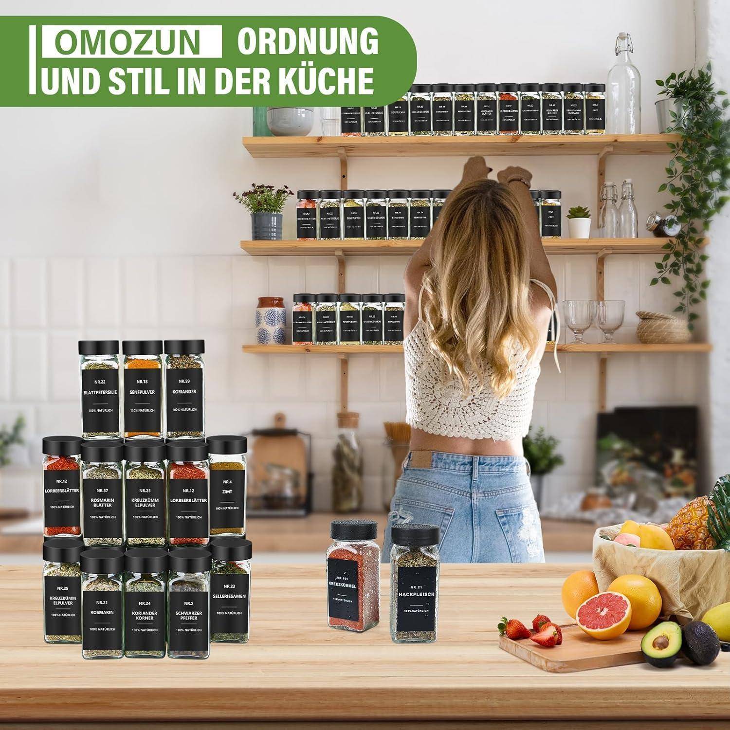 Gewürzgläser Eckig Etiketten Set 24er Schwarz 120ml - Aufbewahrung