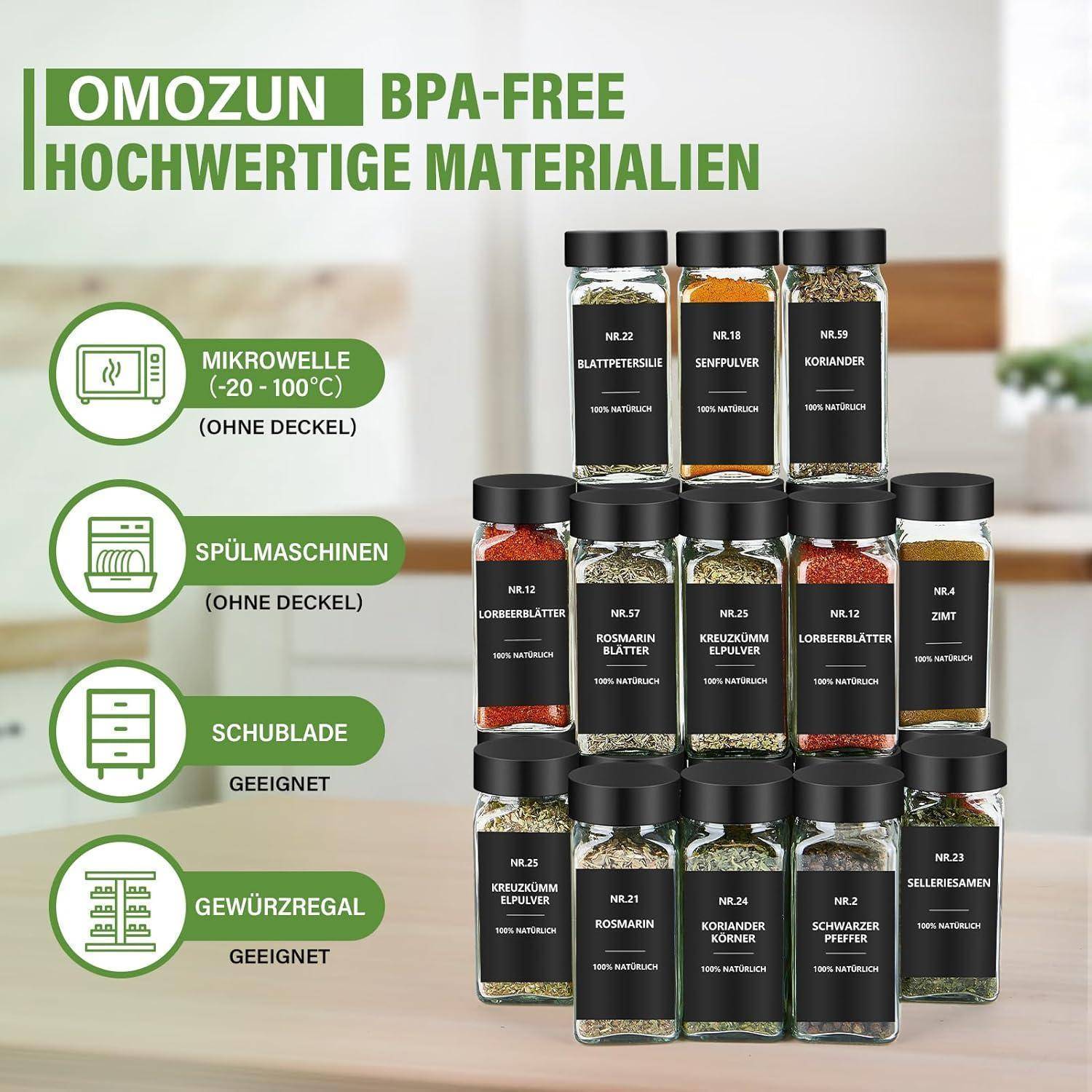 Gewürzgläser Eckig Etiketten Set 24er Schwarz 120ml - Aufbewahrung
