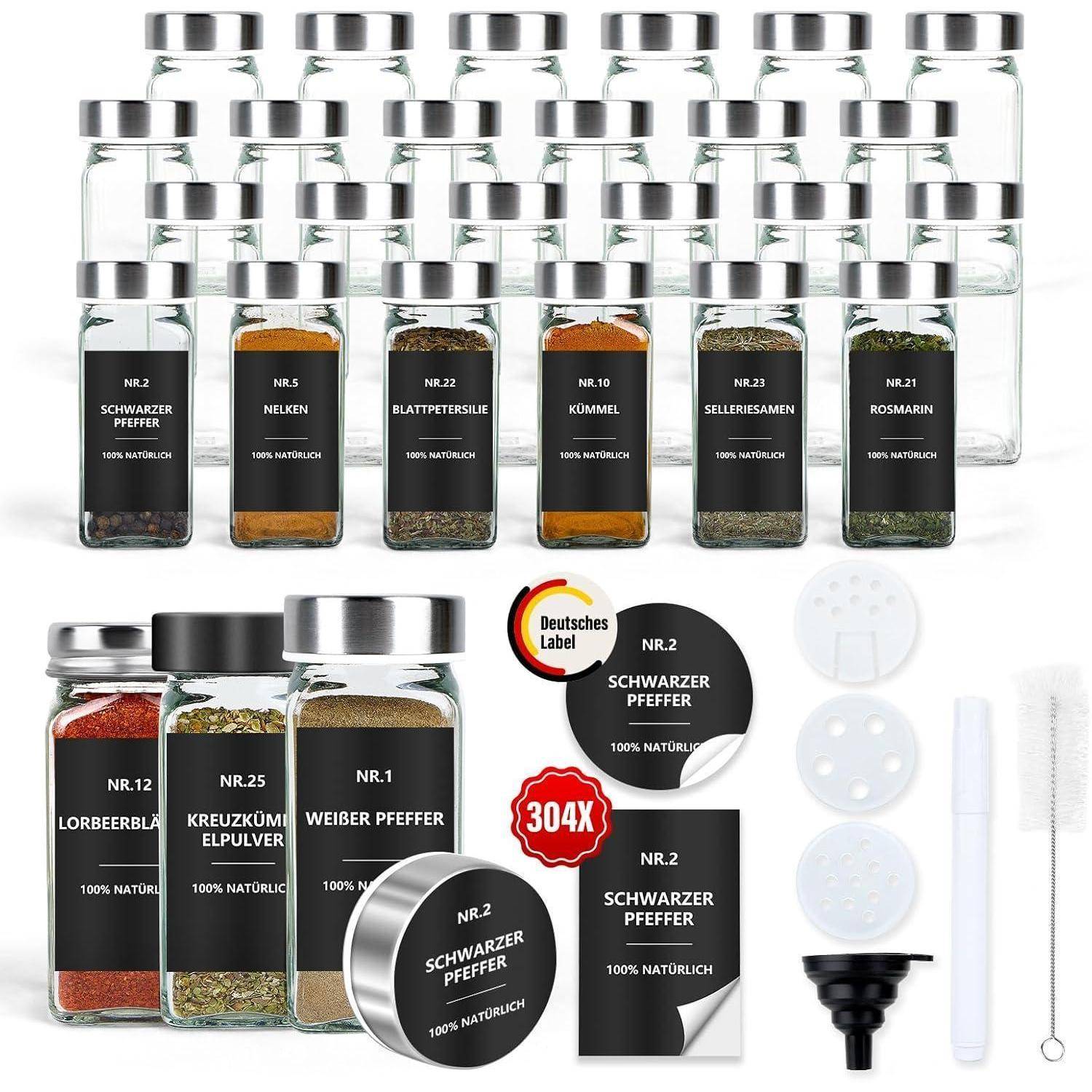 Gewürzgläser Eckig Set 24er: Gewürzdosen Glas 120ml Streueinsatz