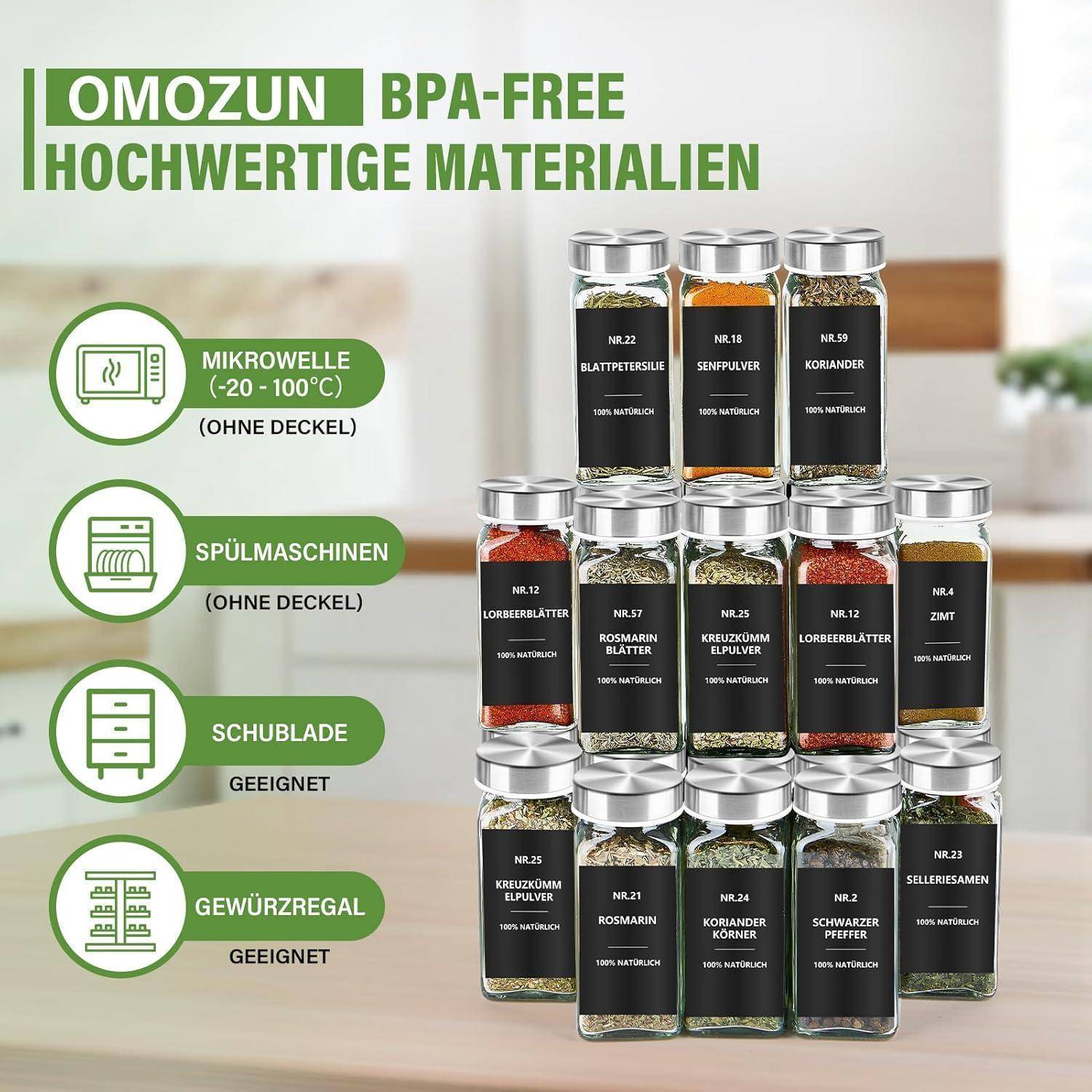 Gewürzgläser Eckig Set 24er: Gewürzdosen Glas 120ml Streueinsatz