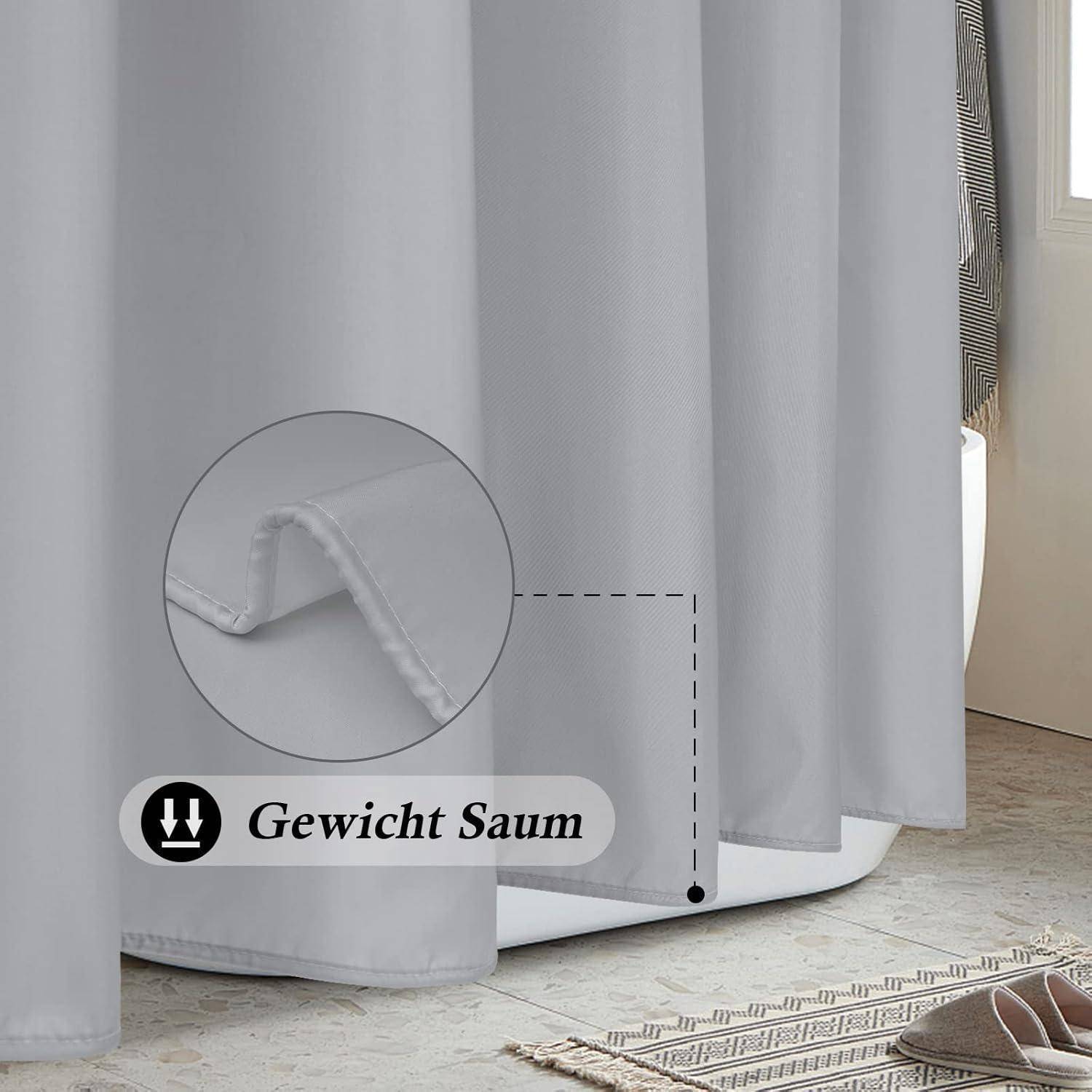 Das Bild zeigt einen Vorhang mit beschwertem Saum, der so konzipiert ist, dass der Stoff gerade hängt. Das Detail des Gewichts ist in einem Einsatzkreis vergrößert dargestellt.