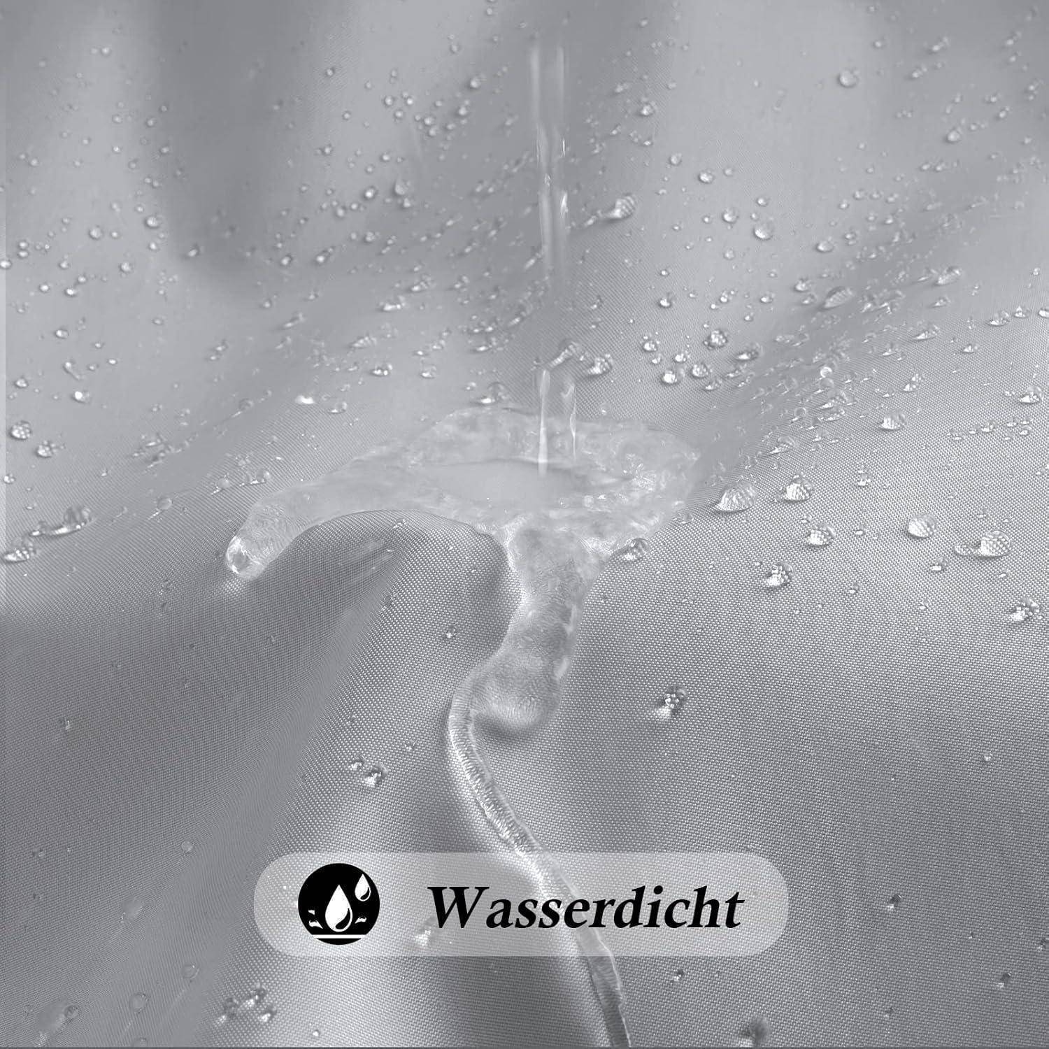 Wassertropfen auf Stoff, die die wasserdichte Eigenschaft demonstrieren; Text liest sich 'Wasserdicht', was darauf hinweist, dass das Material wasserabweisend ist.