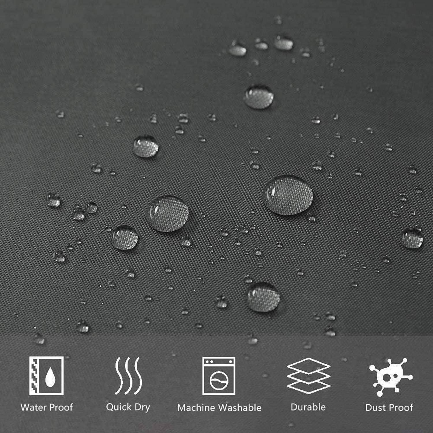 Wasserdichter Stoff mit Wassertropfen auf der Oberfläche. Symbole unten heben Eigenschaften hervor: wasserdicht, schnell trocknend, maschinenwäschegeeignet, strapazierfähig, staubdicht.
