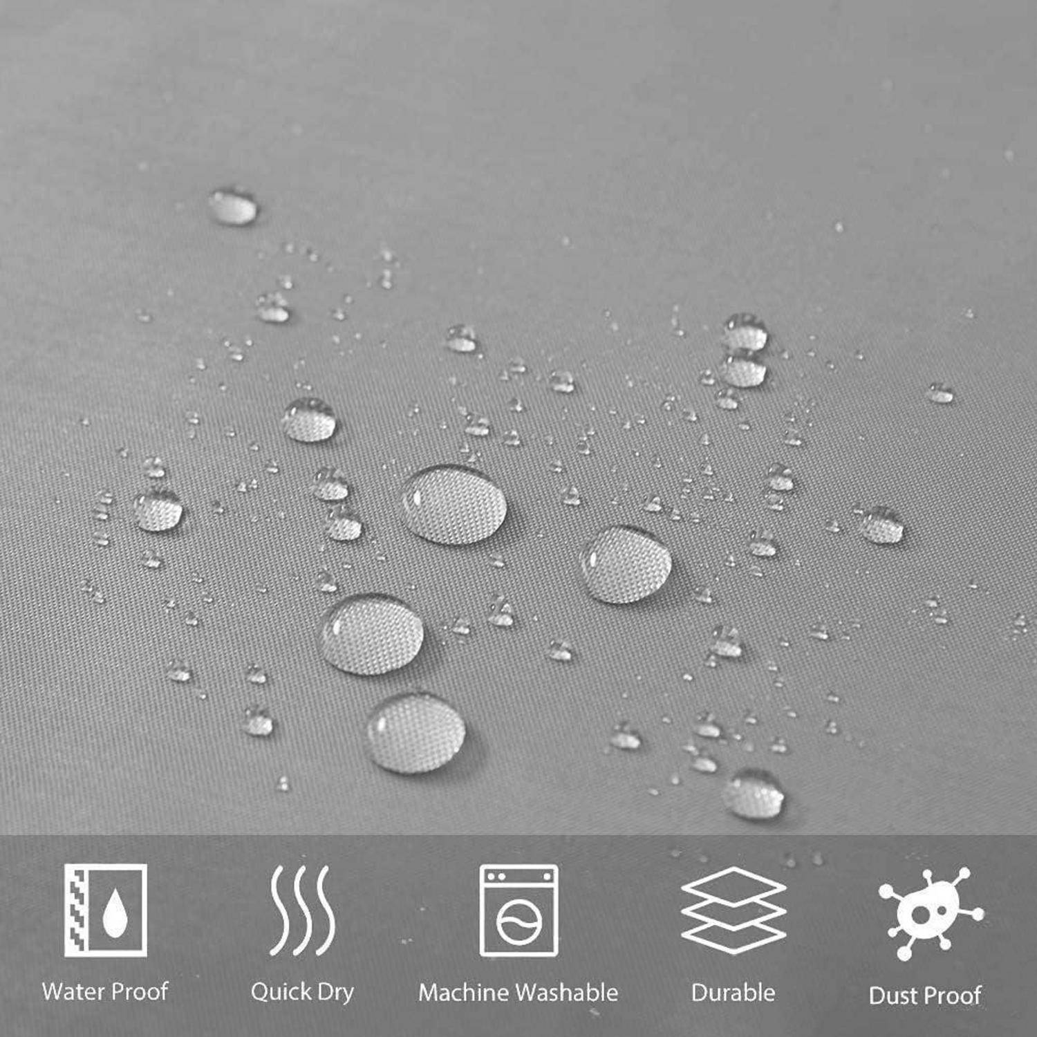 Wassertropfen auf einer grauen Stoffoberfläche demonstrieren wasserabweisende Eigenschaften. Symbole darunter zeigen ‚Wasserdicht', ‚Schnell trocknend', ‚Maschinenwäschegeeignet', ‚Strapazierfähig', ‚Staubdicht'.