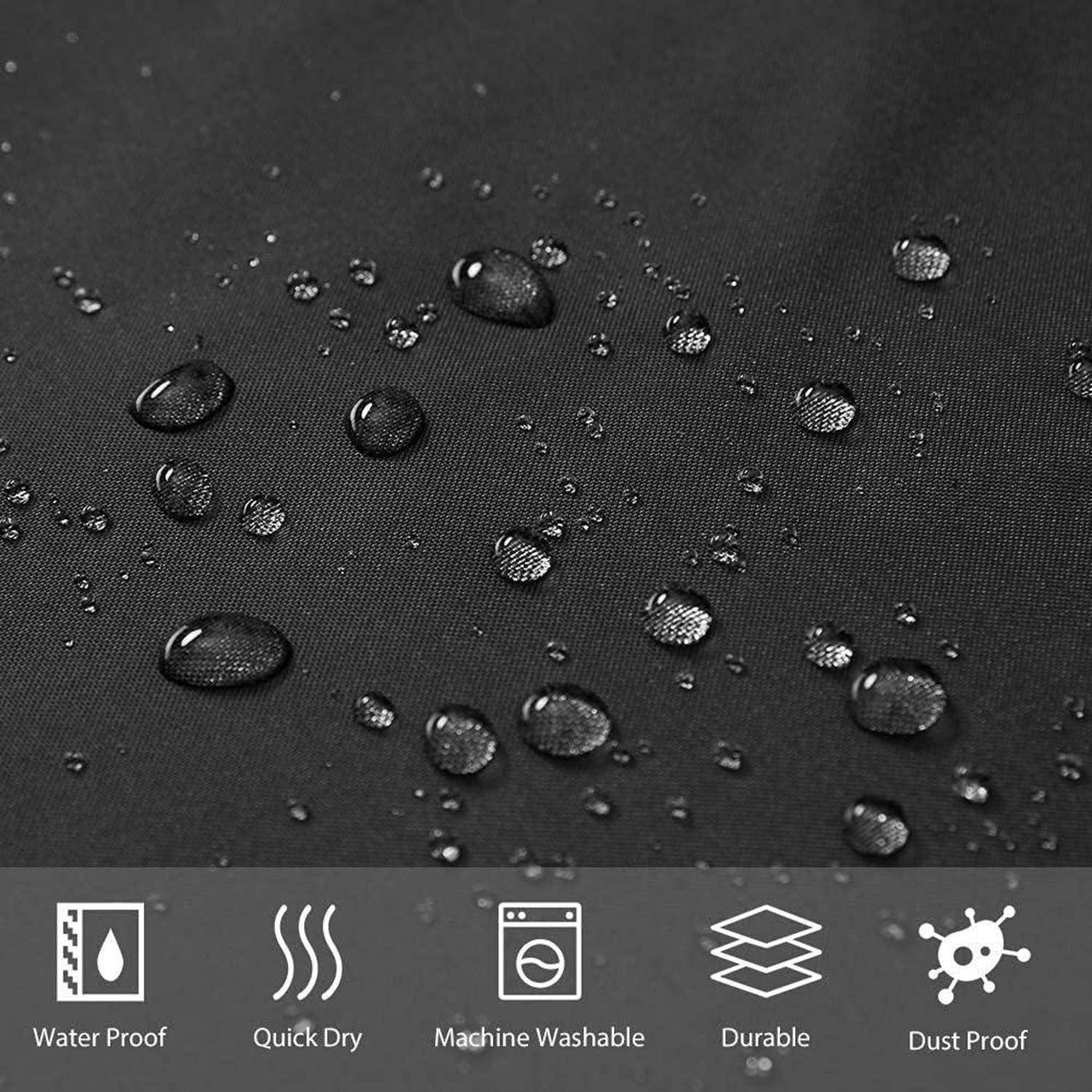Wassertropfen auf einer Stoffoberfläche veranschaulichen dessen wasserabweisende Eigenschaft. Die Symbole unten zeigen: wasserdicht, schnell trocknend, maschinenwäschetauglich, strapazierfähig, staubdicht.