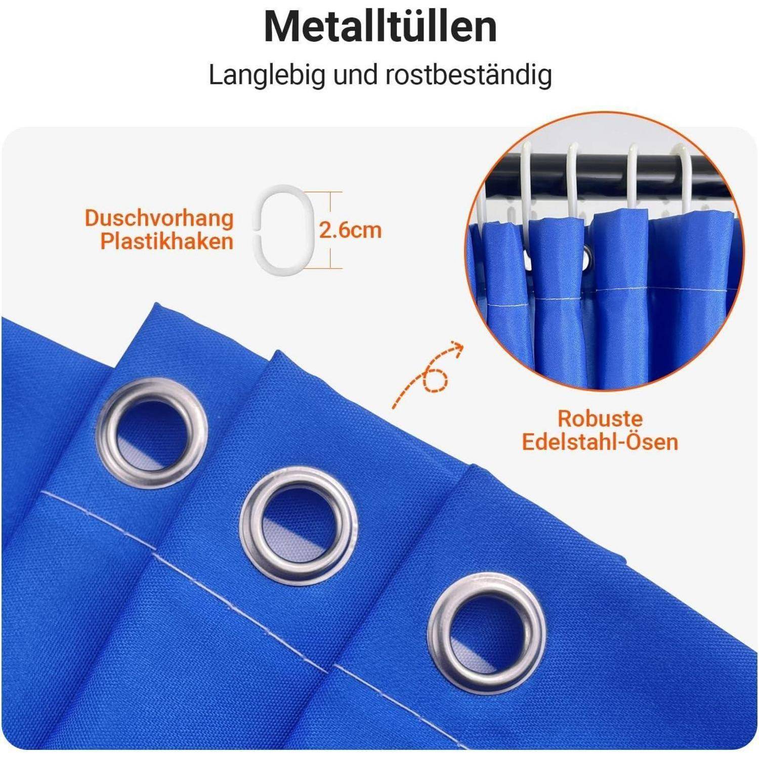 Metalltüllen: Langlebig und rostbeständig. Robuste Edelstahl-Ösen und 2.6cm Plastikduschvorhanghaken. Blauer Duschvorhang mit Metalltüllen abgebildet.