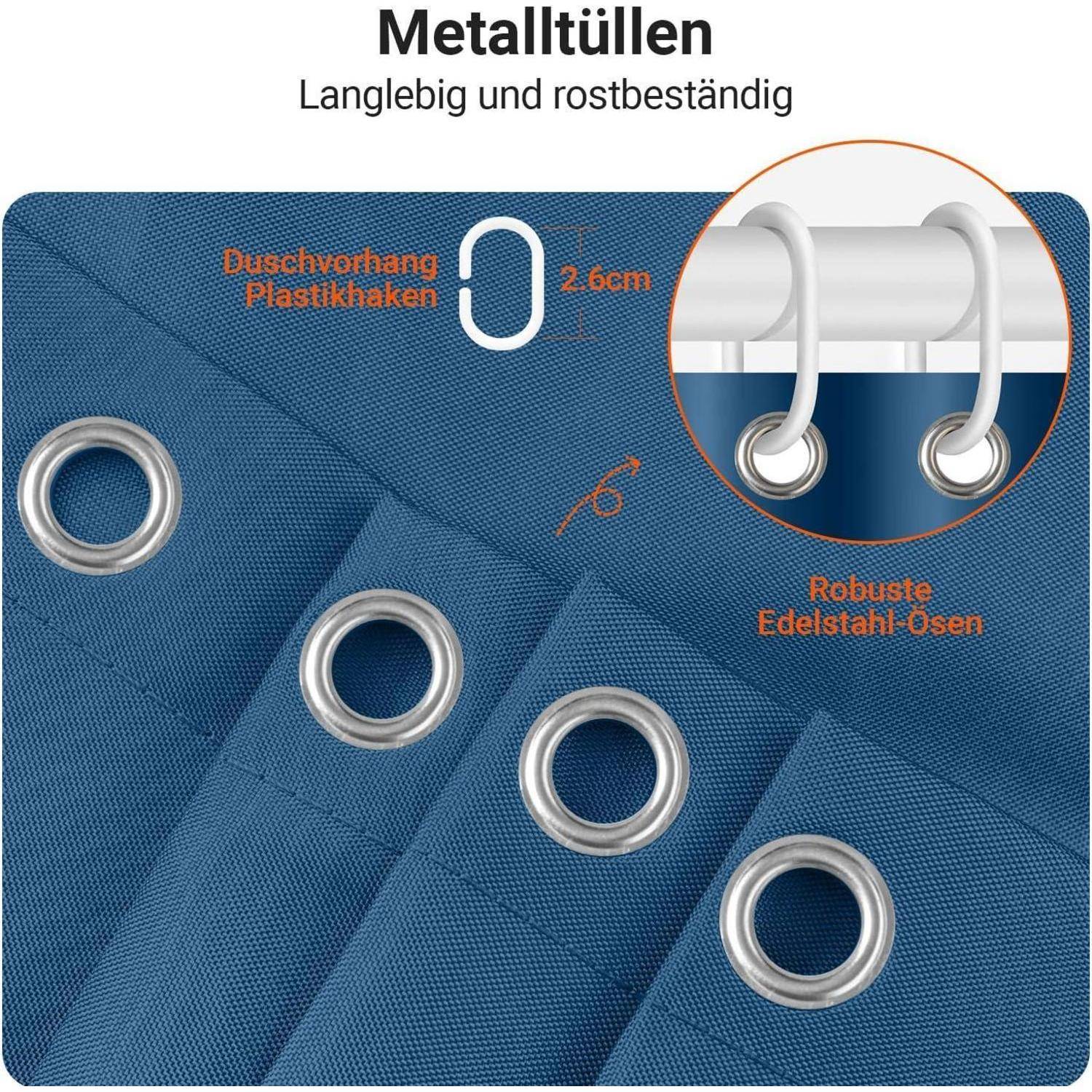 Metalösen, langlebig und rostbeständig.' Bild zeigt eine Nahaufnahme von Duschvorhang-Haken und Edelstahl-Ösen mit einer Größe von 2,6 cm.