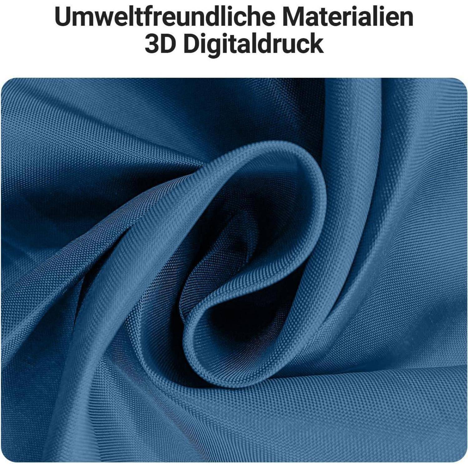 Blauer Stoff mit einem verdrehten Wirbelmuster. Text oben liest sich ‚Umweltfreundliche Materialien 3D Digitaldruck', was auf die Verwendung umweltfreundlicher Materialien hindeutet.