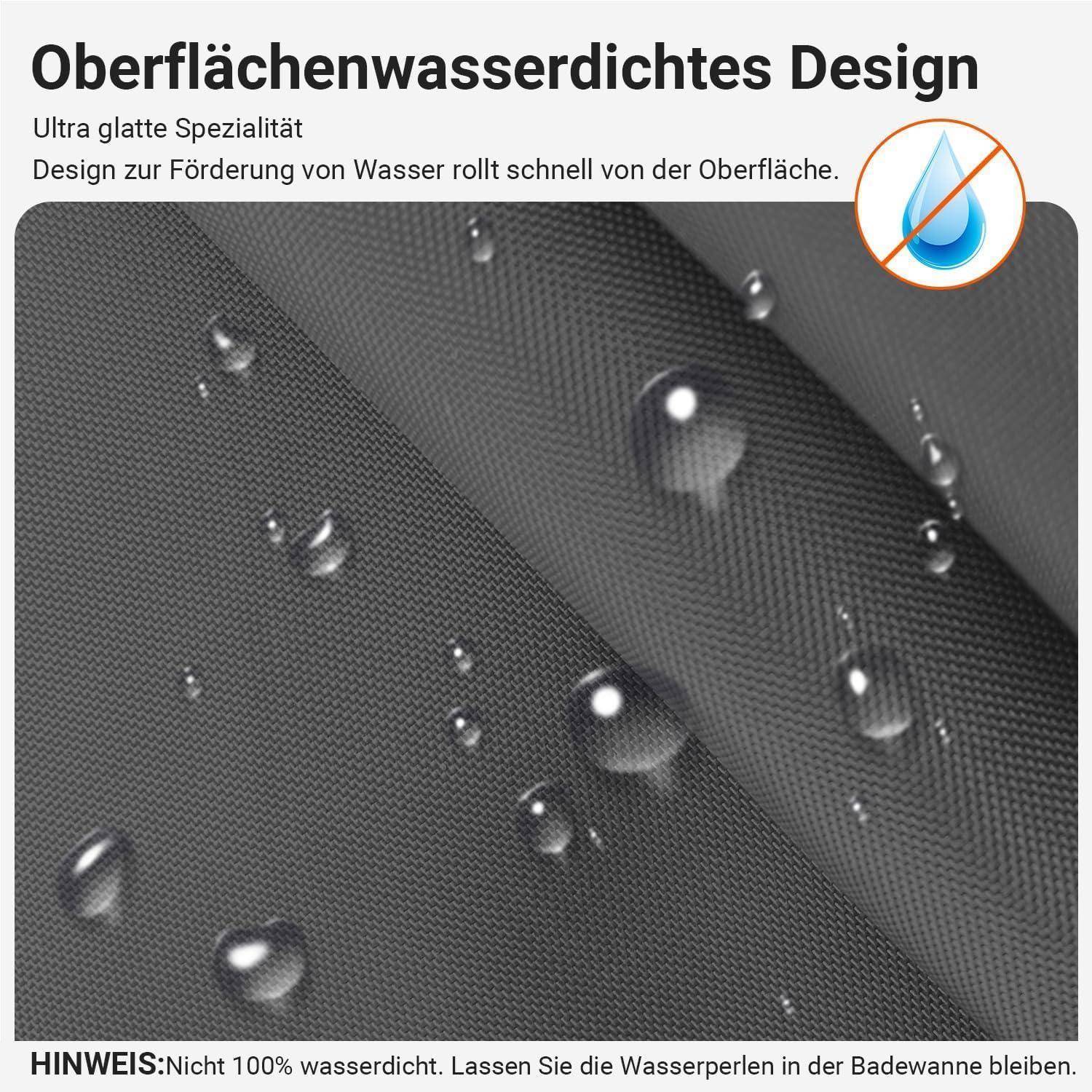 Das Bild zeigt eine strukturierte Oberfläche mit Wassertropfen, die ein wasserdichtes Design demonstrieren. Text auf Deutsch unterstreicht seine glatte Beschaffenheit.