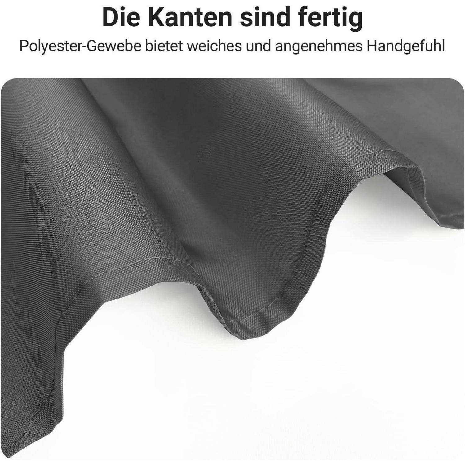 A close-up of smooth polyester fabric with stitched edges. The text above reads 'Die Kanten sind fertig' and below 'Polyester-Gewebe bietet weiches und angenehmes Handgefühl'.